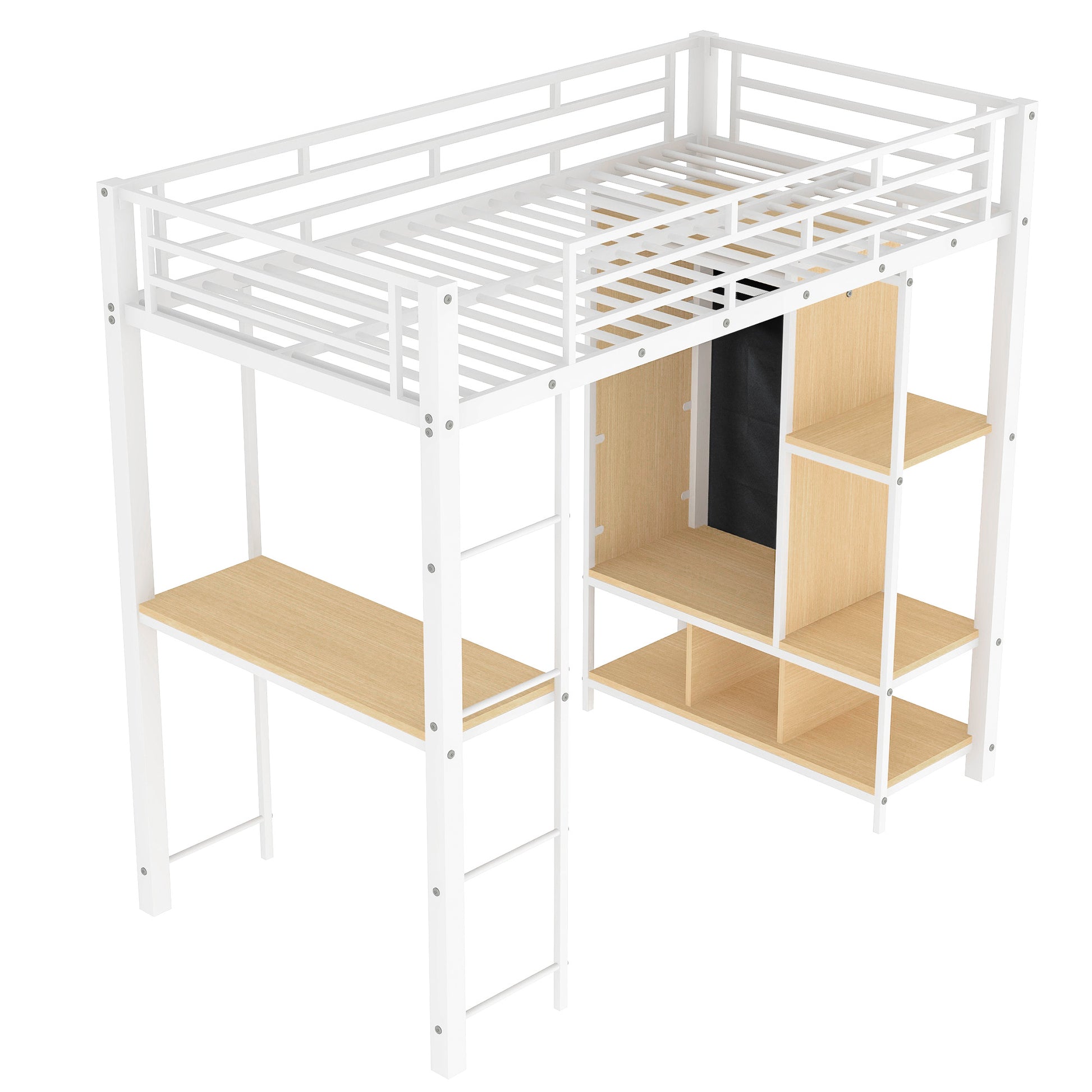 Twin Size Metal Loft Bed With Built In Wardrobe, Desk And Shelves, White Box Spring Not Required Twin White Metal Mdf Metal