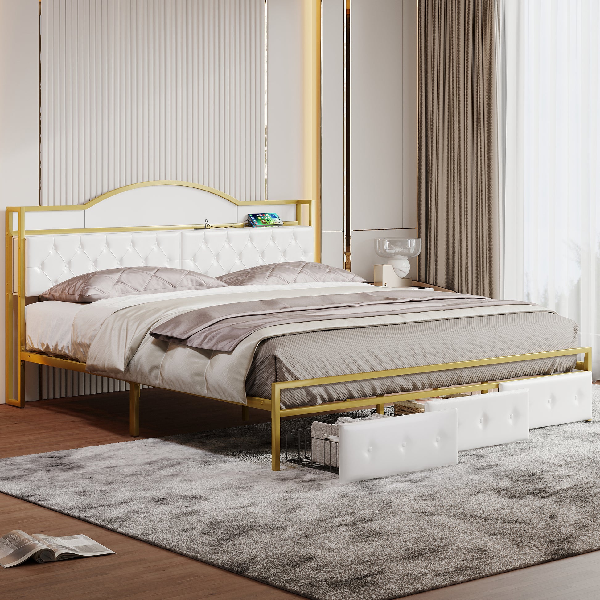 Metal Platform Bed With 3 Drawers, Storage Headboard, King, Gold King Gold White Fabric Metal
