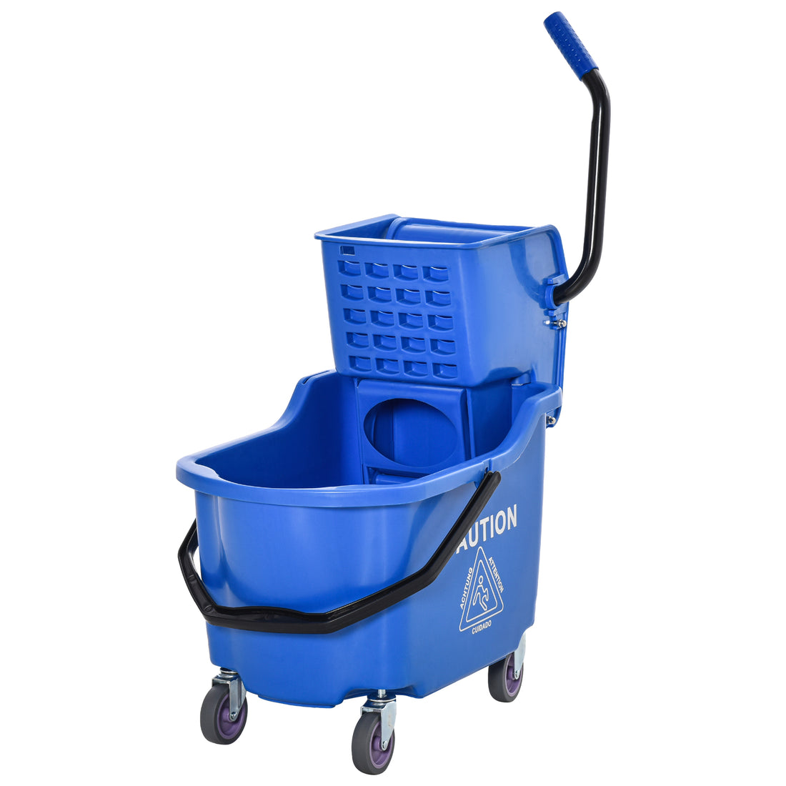Homcom Mop Bucket Cart With Side Press Wringer, Metal Handle And 34 Quart Capacity, Blue Blue Plastic