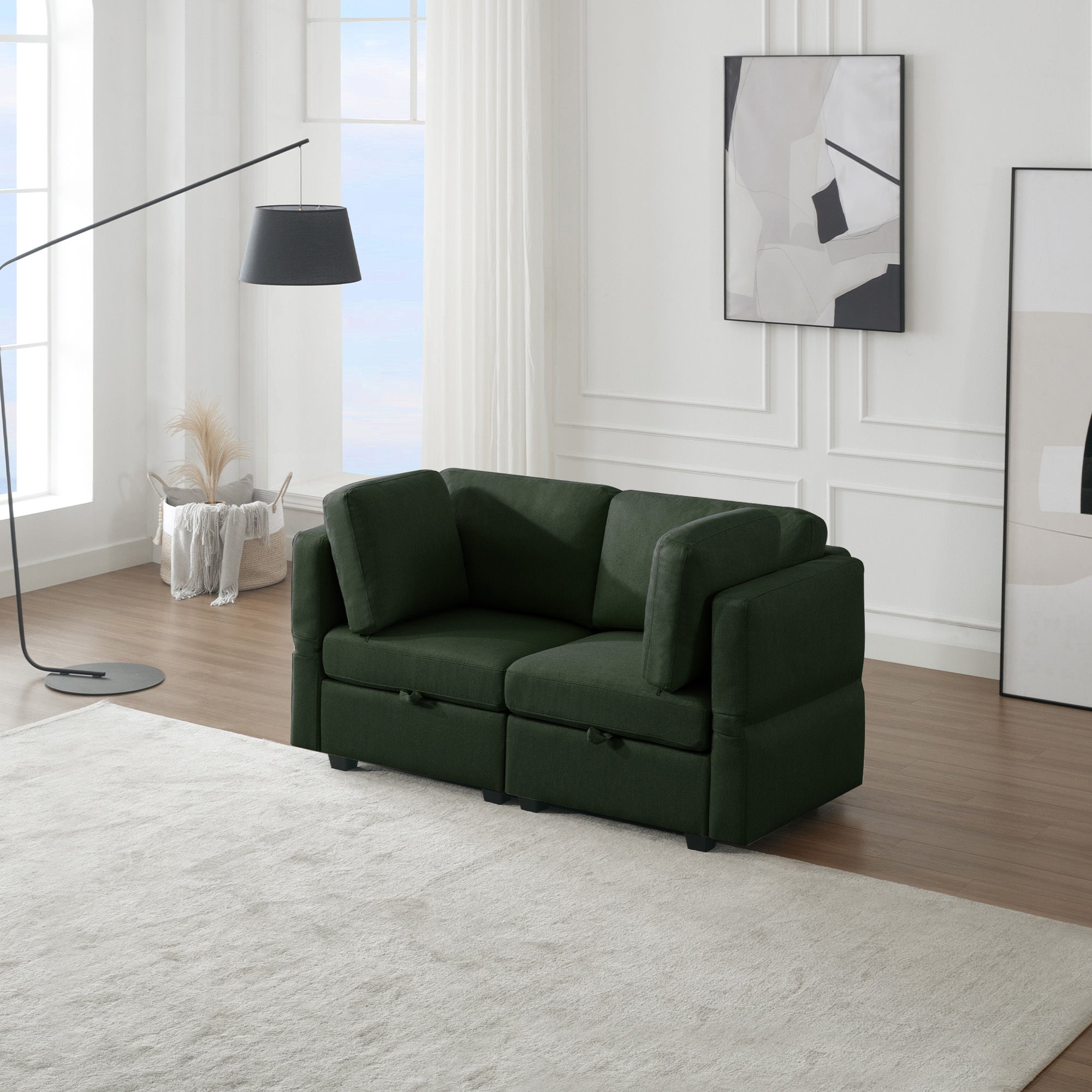 Contemporary Modern Chic Upholstered Fabric Sofa With Storage Seats And Storage Ottomans, 2 Seater Sofa Fabric Couch With Adjustable Arms And Backs For Living Room Green Green Polyester 2 Seat