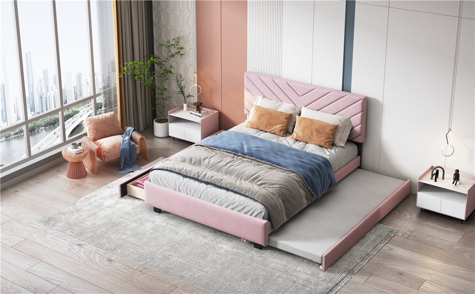 Queen Size Upholstered Platform Bed With Twill Headboard, Pullout Bed And Two Drawers, Flannel,Pink Queen Pink Mdf Lvl