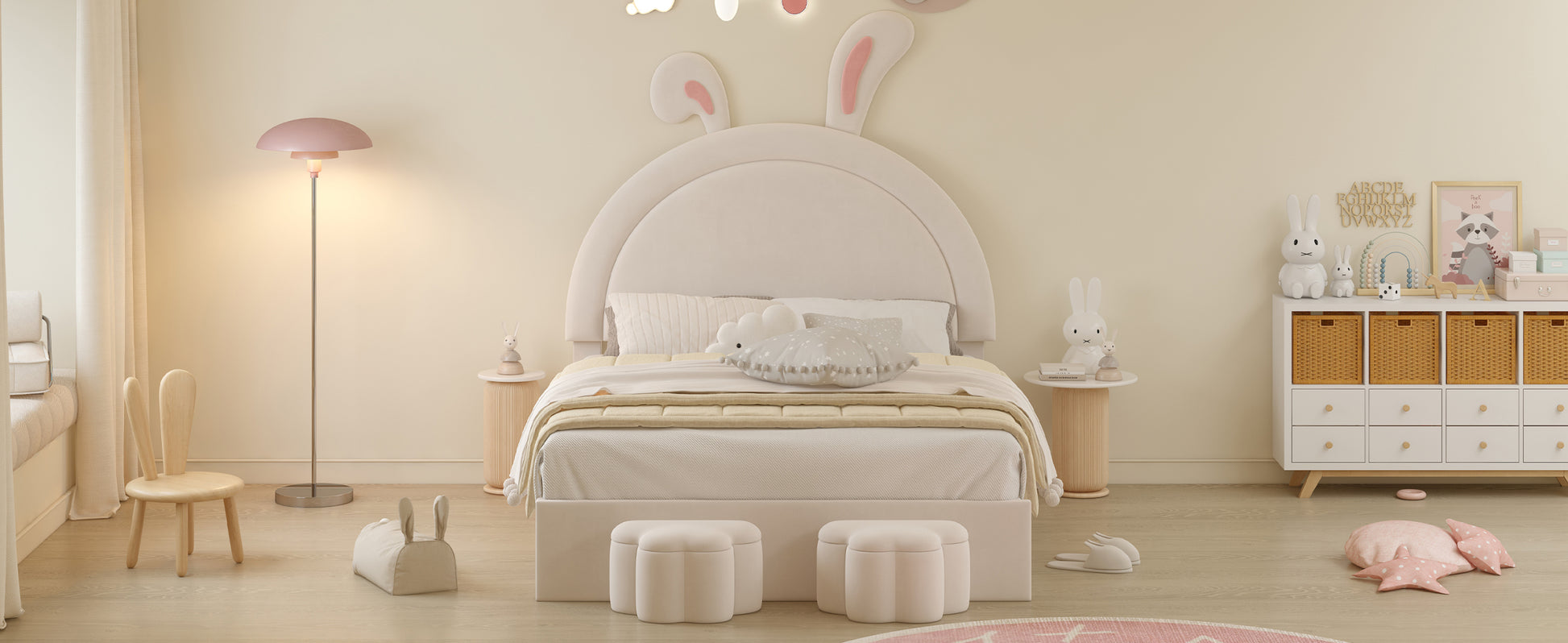 Full Size Upholstered Rabbit Shape Bed With 2 Storage Stools, Velvet Platform Bed With Cartoon Ears Shaped Headboard, White Full White Wood