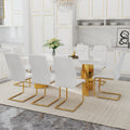 Table And Chair Set.The Table Has A Glass Tabletop With Imitation Marble Pattern Stickers And Stainless Steel Golden Table Legs. Paried With Comfortable Chairs With Pu Seats And Metal Legs. White Gold Seats 8 Glass Metal