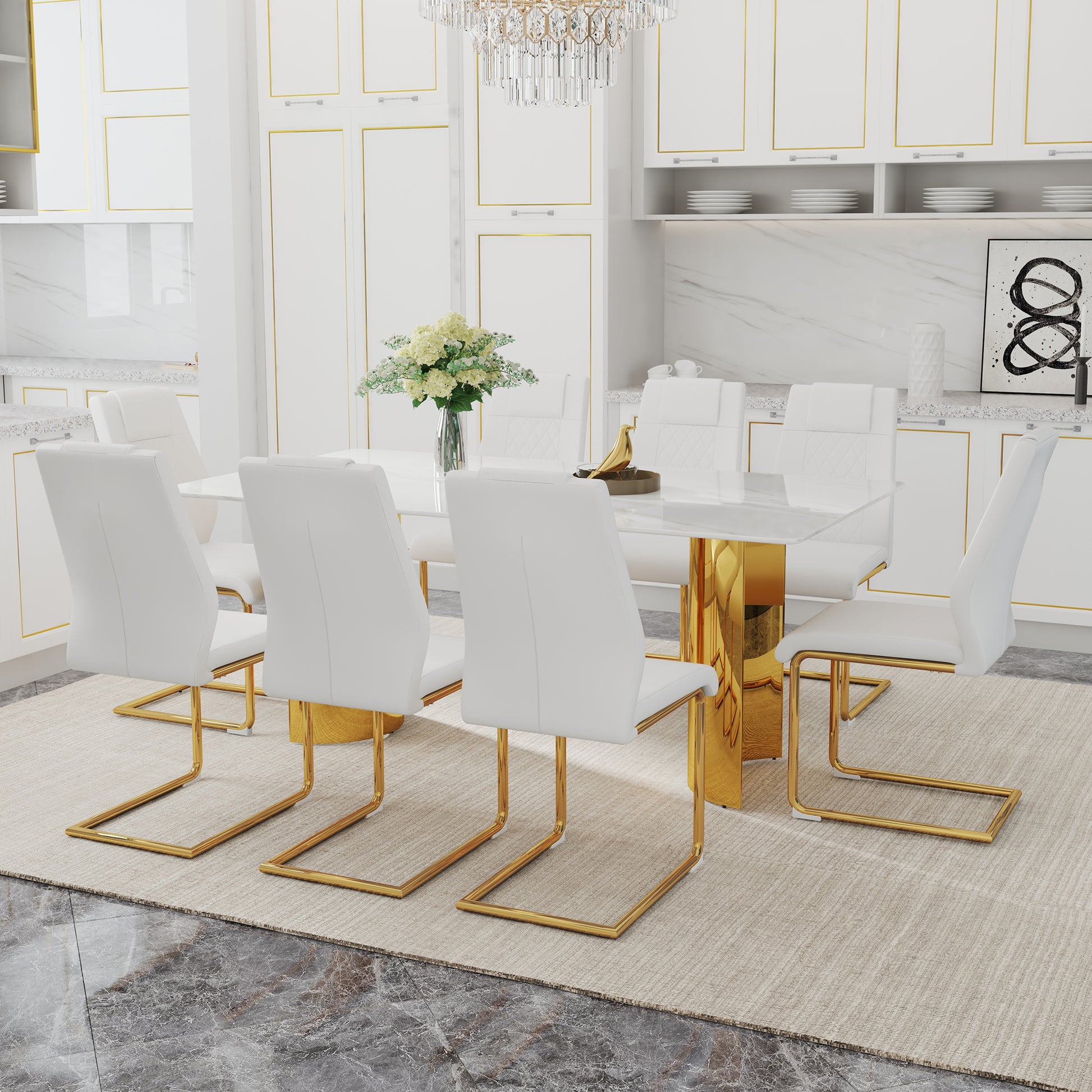 Table And Chair Set.The Table Has A Glass Tabletop With Imitation Marble Pattern Stickers And Stainless Steel Golden Table Legs. Paried With Comfortable Chairs With Pu Seats And Metal Legs. White Gold Seats 8 Glass Metal