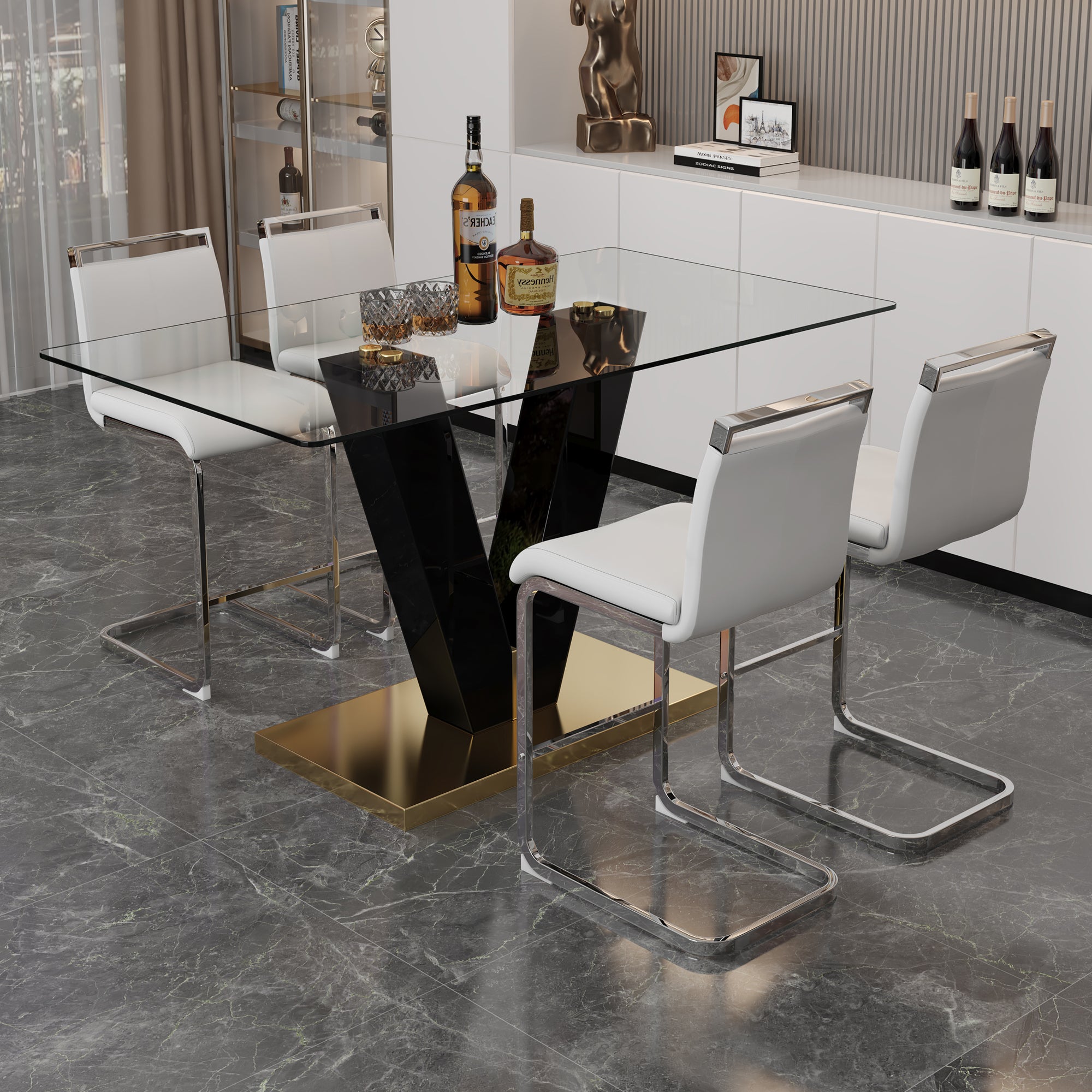 Table And Chair Set. A Rectangular Glass Dining Table With A 0.4 Inch Tempered Glass Tabletop And Mdf Board V Shaped Bracket, Paired With Chairs Consisting Of Pu Seat Cushions And Silver Metal Legs. White Black Seats 4 Tempered Glass