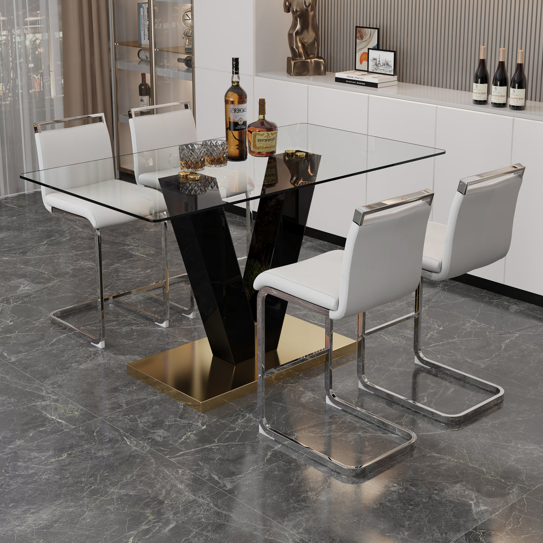 Table And Chair Set. A Rectangular Glass Dining Table With A 0.4 Inch Tempered Glass Tabletop And Mdf Board V Shaped Bracket, Paired With Chairs Consisting Of Pu Seat Cushions And Silver Metal Legs. White Black Seats 4 Tempered Glass