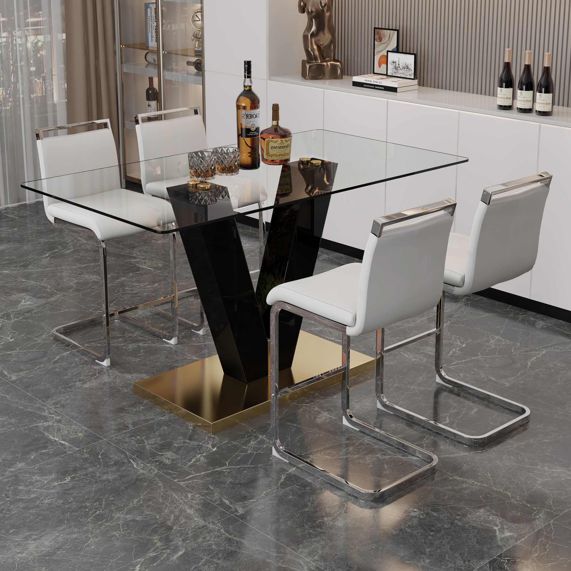 Table And Chair Set. A Rectangular Glass Dining Table With A 0.4 Inch Tempered Glass Tabletop And Mdf Board V Shaped Bracket, Paired With Chairs Consisting Of Pu Seat Cushions And Silver Metal Legs. White Black Seats 4 Tempered Glass
