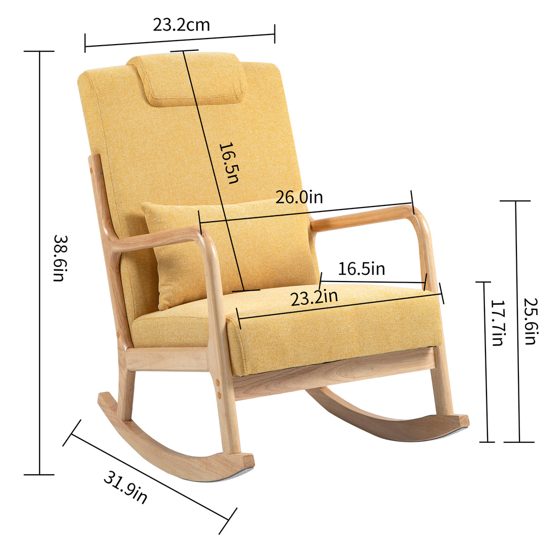 Rocking Chair Upholstered Fabric Rocking Armchair Indoor With High Backrest Glider Chairs And Lumbar Pillow For Living Room Yellow Linen