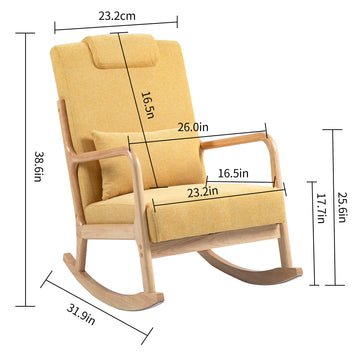 Rocking Chair Upholstered Fabric Rocking Armchair Indoor With High Backrest Glider Chairs And Lumbar Pillow For Living Room Yellow Linen
