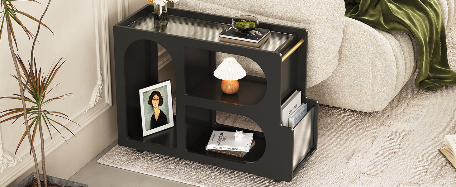 Mobile End Table With Lockable Wheels, Narrow Coffee Table With 5Mm Thick Fluted Tempered Glass, Modern Nightstand With Golden Round Rod, Living Room, Black, 31.5''W X11.8''D X 23.1''H Black Primary Living Space Mdf