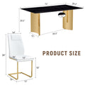 Table And Chair Set.The Table Has A Glass Tabletop With Imitation Marble Pattern Stickers And Stainless Steel Golden Table Legs. Paried With Comfortable Chairs With Pu Seats And Metal Legs. Gold Black Seats 8 Glass Metal