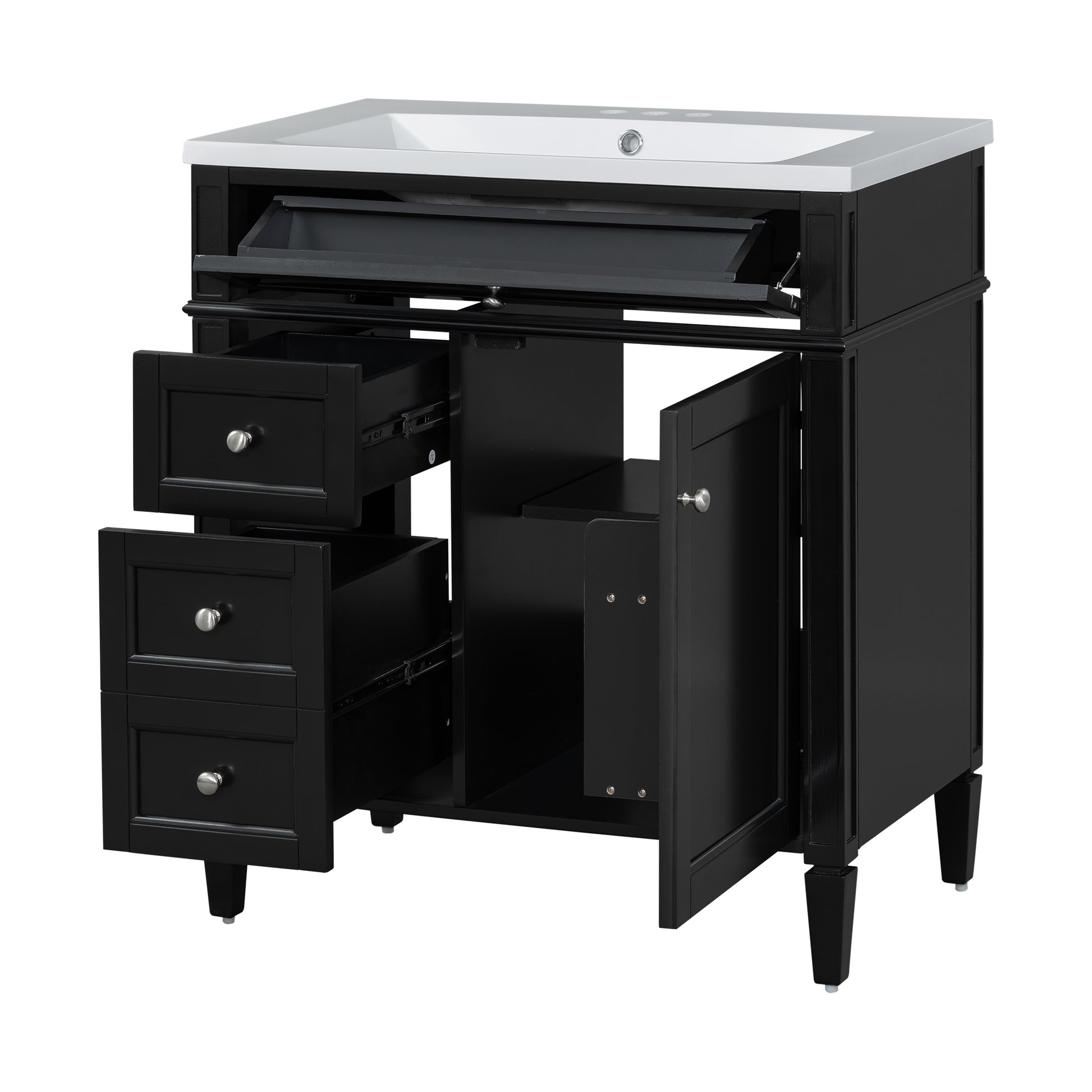 30'' Bathroom Vanity With Top Sink, Modern Bathroom Storage Cabinet With 2 Drawers And A Tip Out Drawer, Single Sink Bathroom Vanity Black Bathroom Solid Wood Mdf