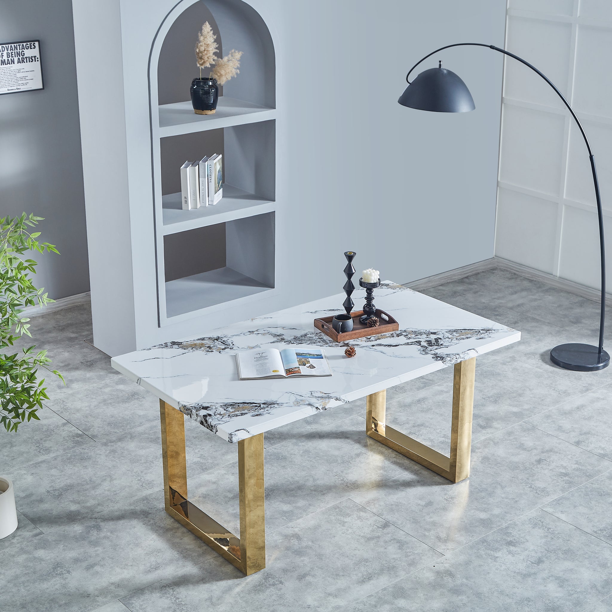 Luxurious Faux Marble Mdf Dinning Table For 6 Or 8, Rectangular 63"L*35.4"W*29.8"H, Thick And Solid Stainless Steel Legs Modern, Sturdy And Du Rable, Easy To Assemble For Kitchen Living Room Meeting White Gray Seats 6 Ergonomic Kitchen