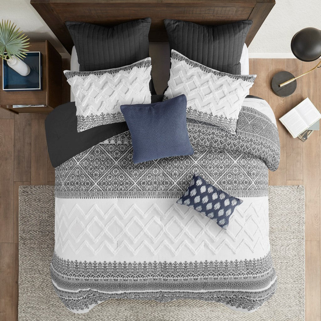 3 Piece Cotton Comforter Set With Chenille Tufting Gray Full Queen Queen Gray Cotton