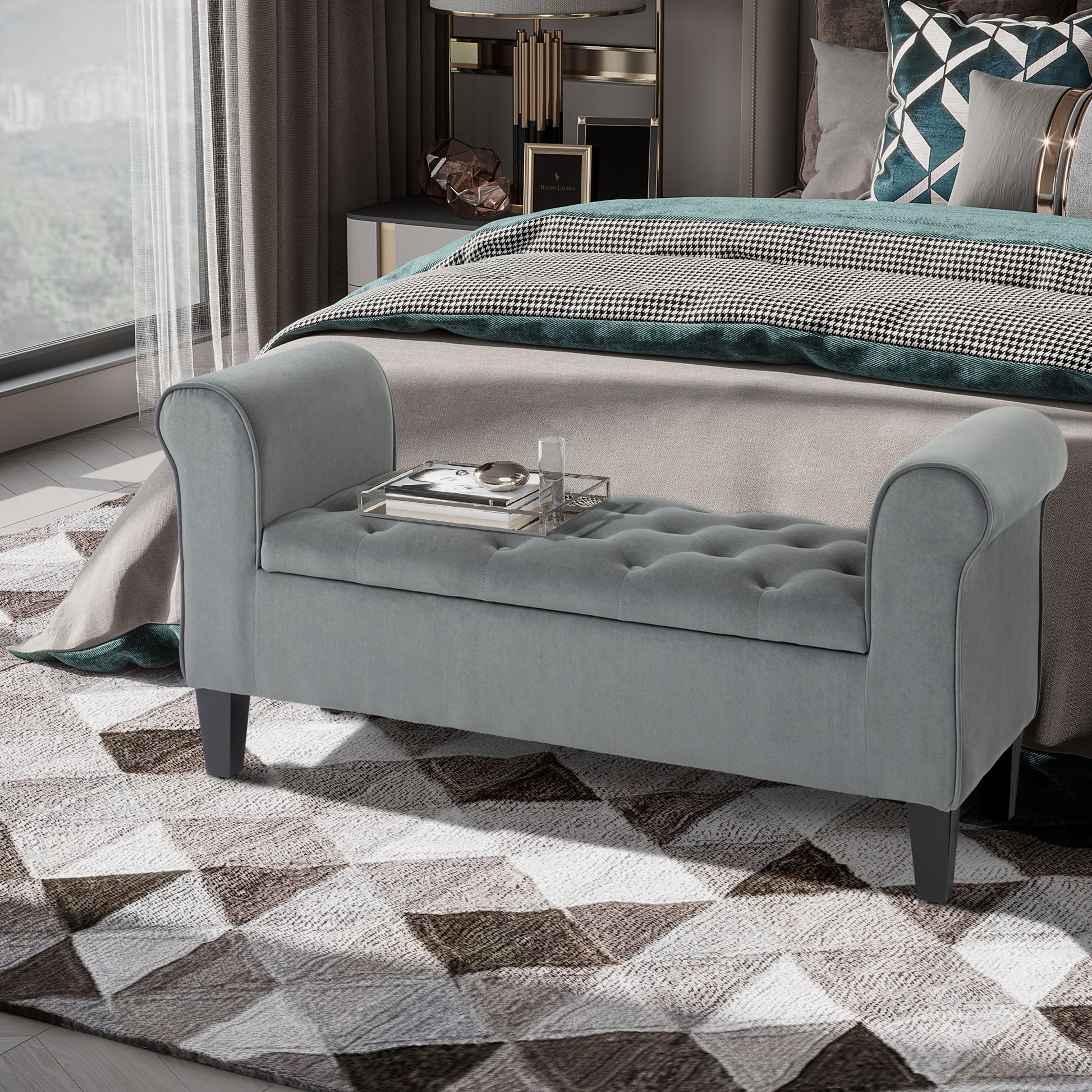 Homcom Button Tufted Storage Ottoman Bench, Upholstered Bench With Rolled Armrests For Living Room Or Hallway, Gray Grey Polyester