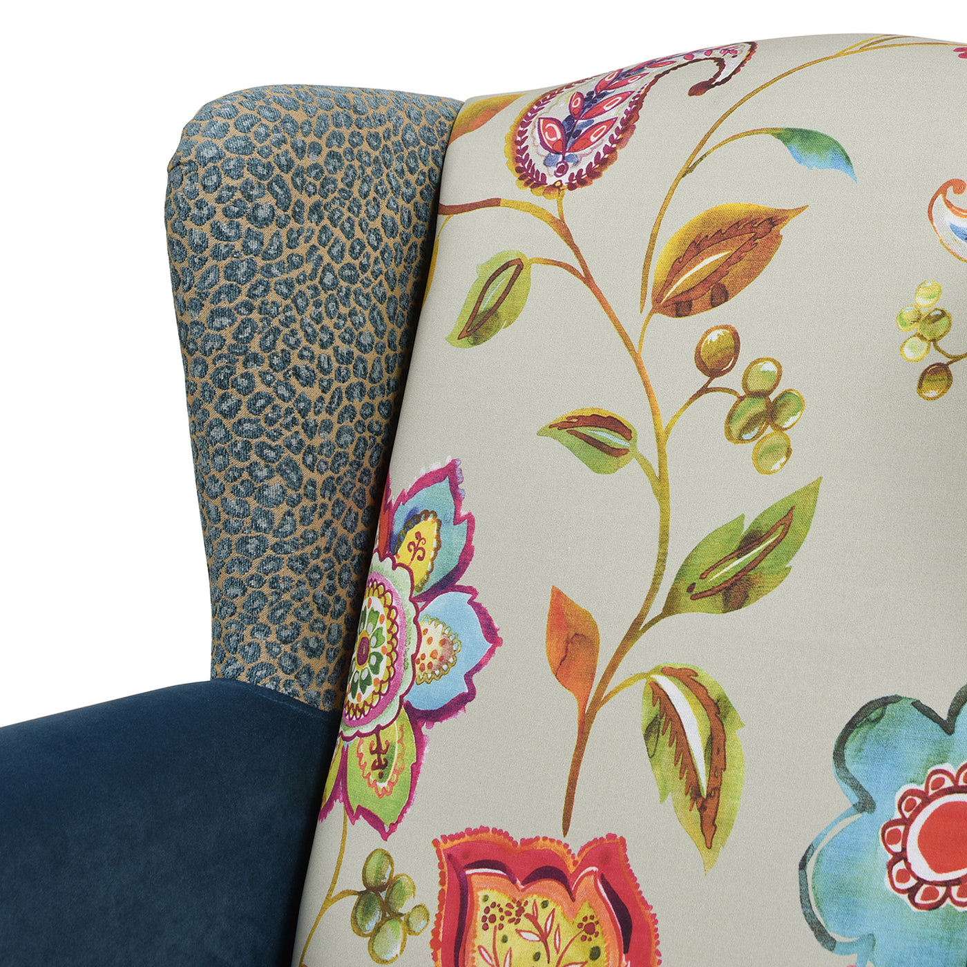 Anya Boho Chic Wingback Accent Arm Chair, Floral & Leopard, Blue Teal & Yellow Gold Velvet Teal Multi Foam Fabric