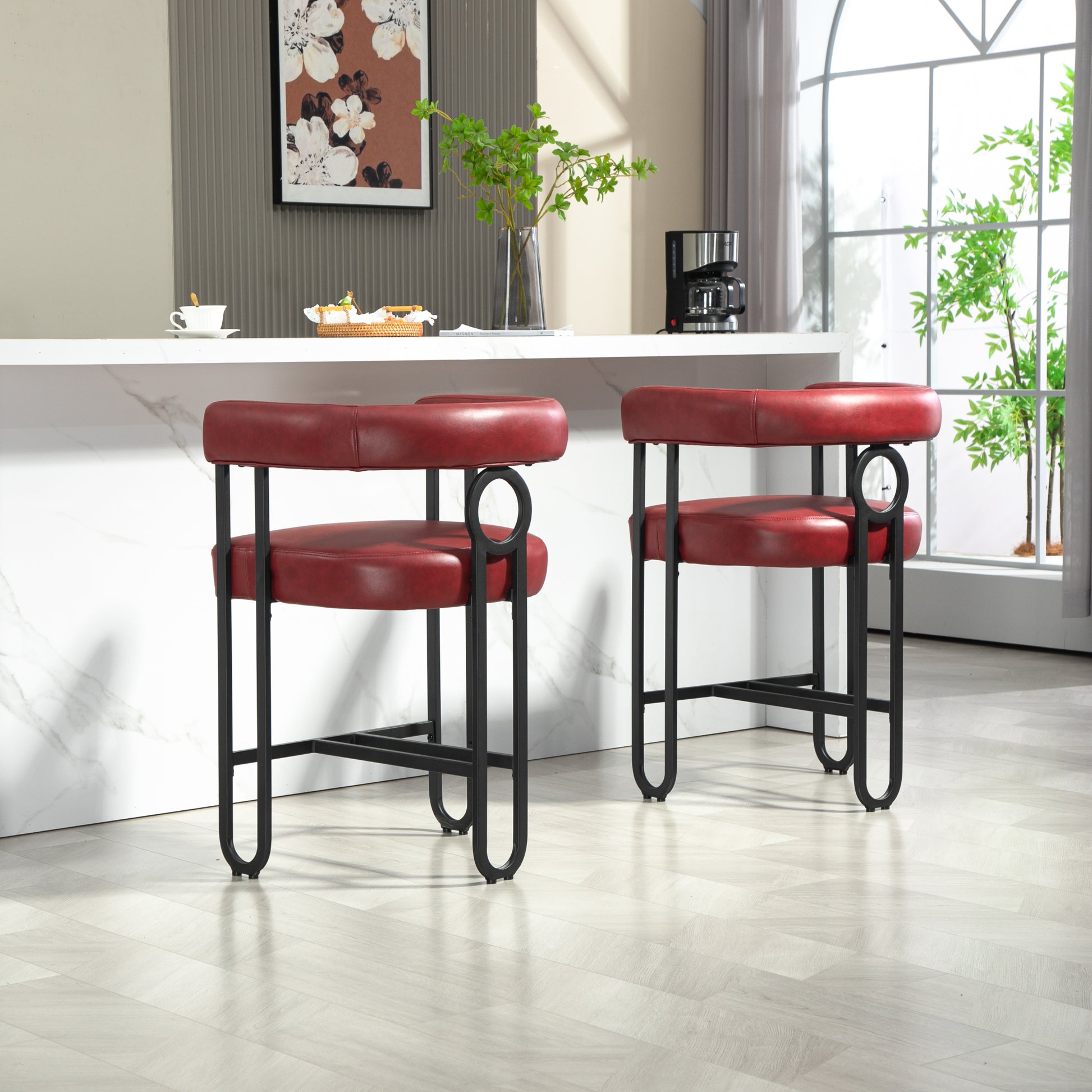 Coolmore Bar Stools Set Of 2, Modern Bar Stool With Back, Black Metal Frames, Upholstered Bar Stools For Kitchen Island, Pub, Club Wine Red Pu Wine Red Dining Room Foam Pu Leather