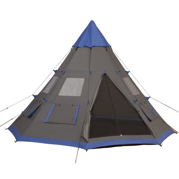 Outsunny 12Ft Camping Tent 6 7 Person 4 Season With 8 Mesh Windows, Outdoor Teepee Tent With Waterproof Material For Family And Friends Camping Blue Polyester