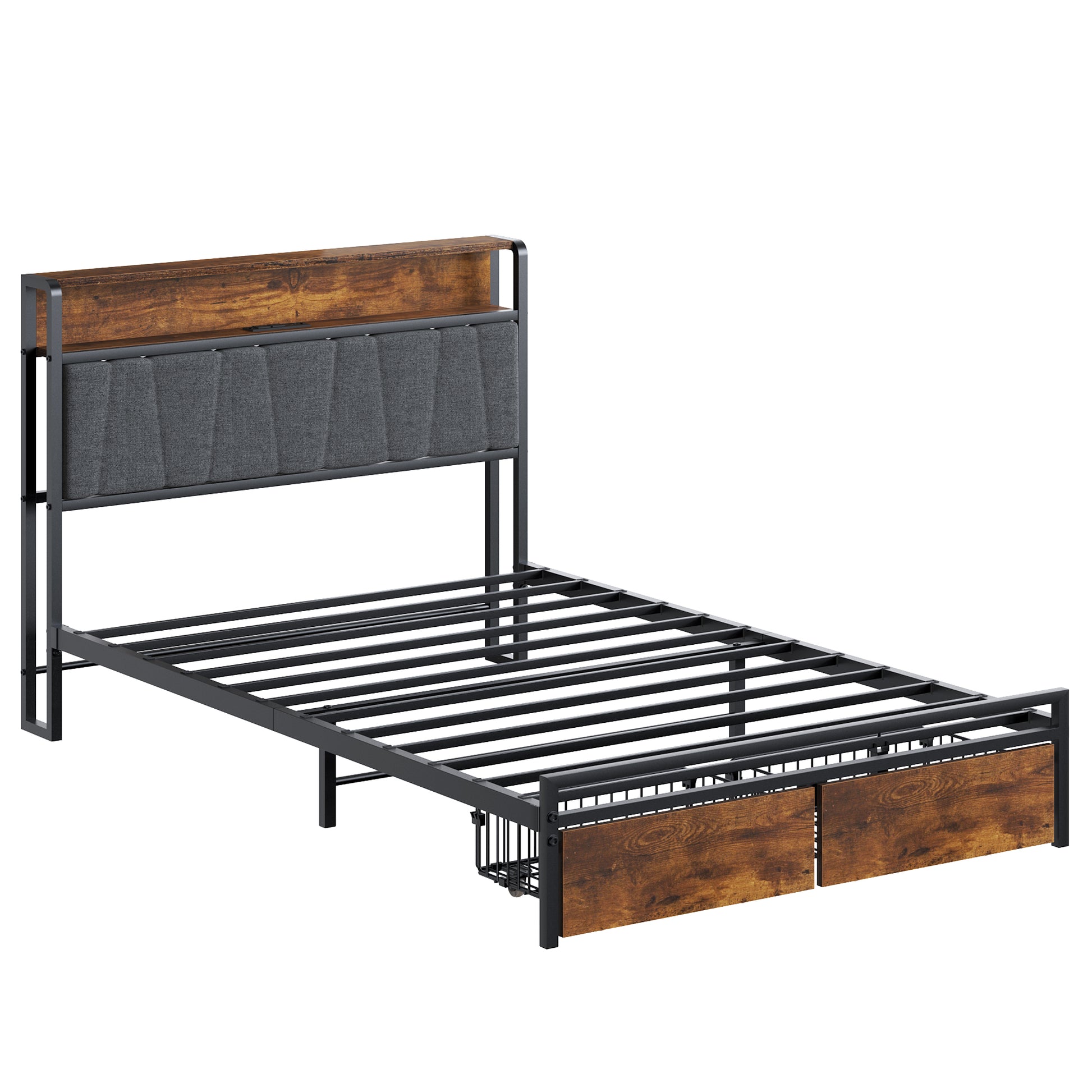 Twin Size Bed Frame Upholstered Platform Bed Frame With Storage Drawers, Usb Ports, Led Lights, Upholstered Wingback Headboard, Rustic Brown Box Spring Not Required Twin Antique Black Metal Brown