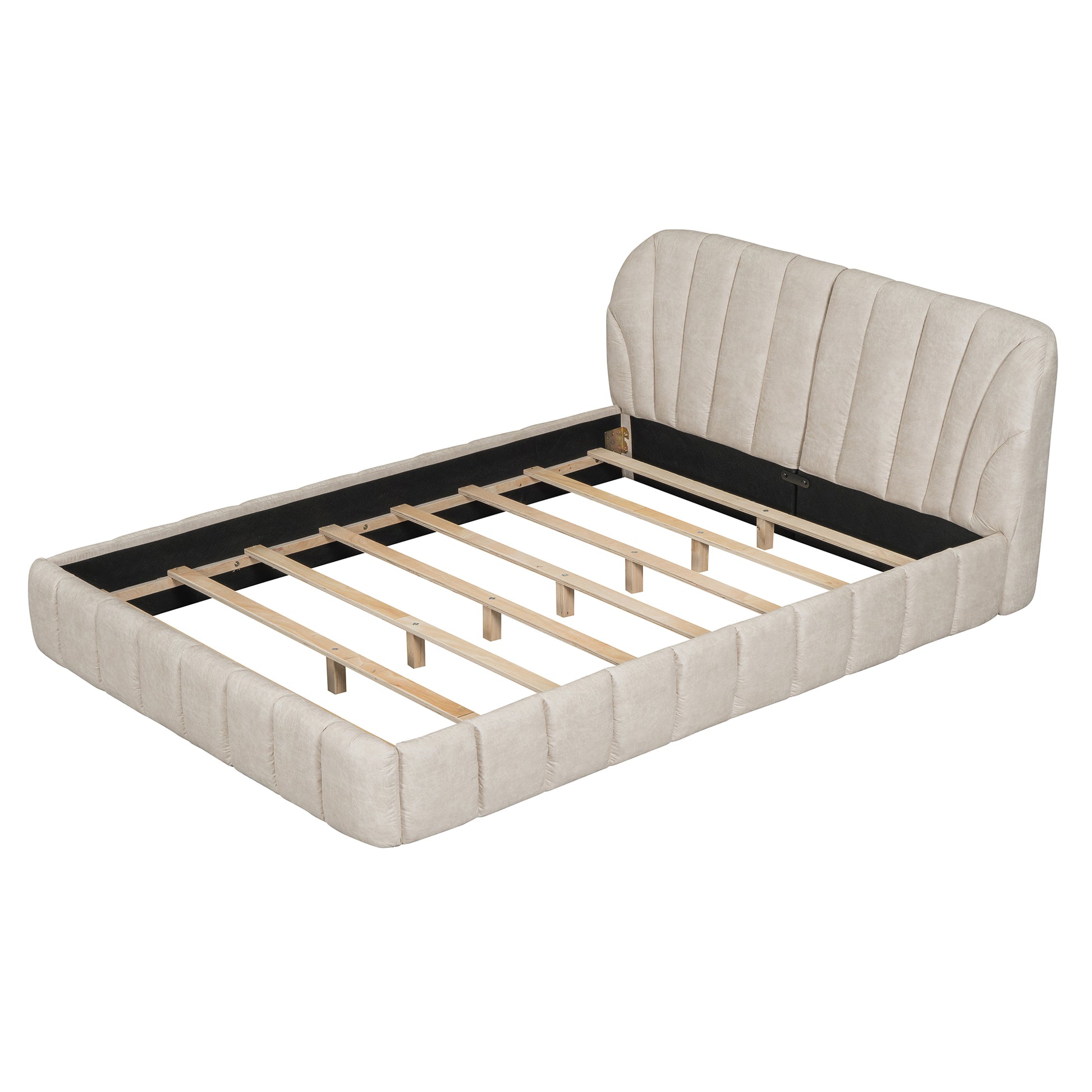 Queen Size Upholstered Platform Bed With Thick Fabric, Polyester, Beige Queen Beige Polyester