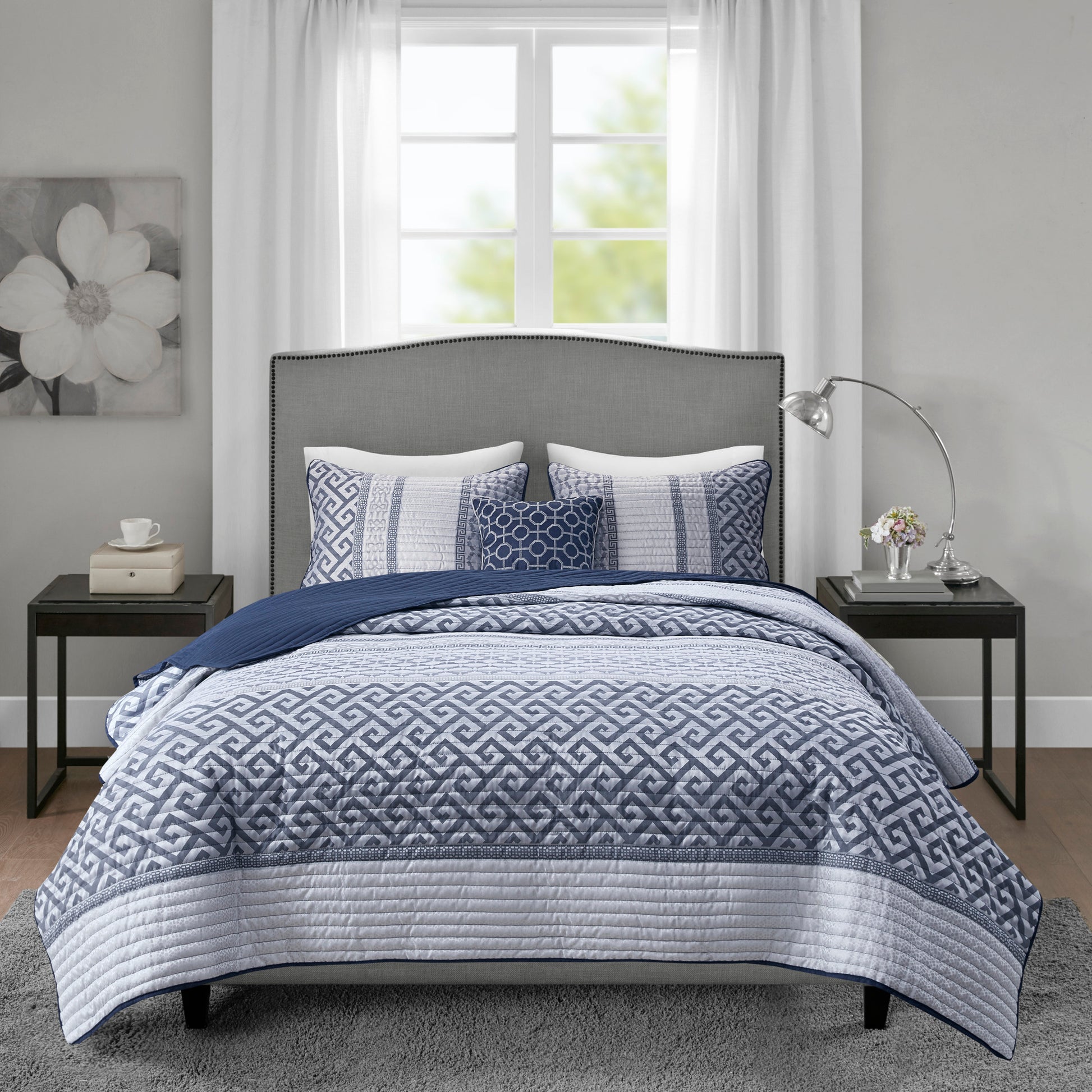 4 Piece Jacquard Quilt Set With Throw Pillow Navy King Cal King King Navy Polyester