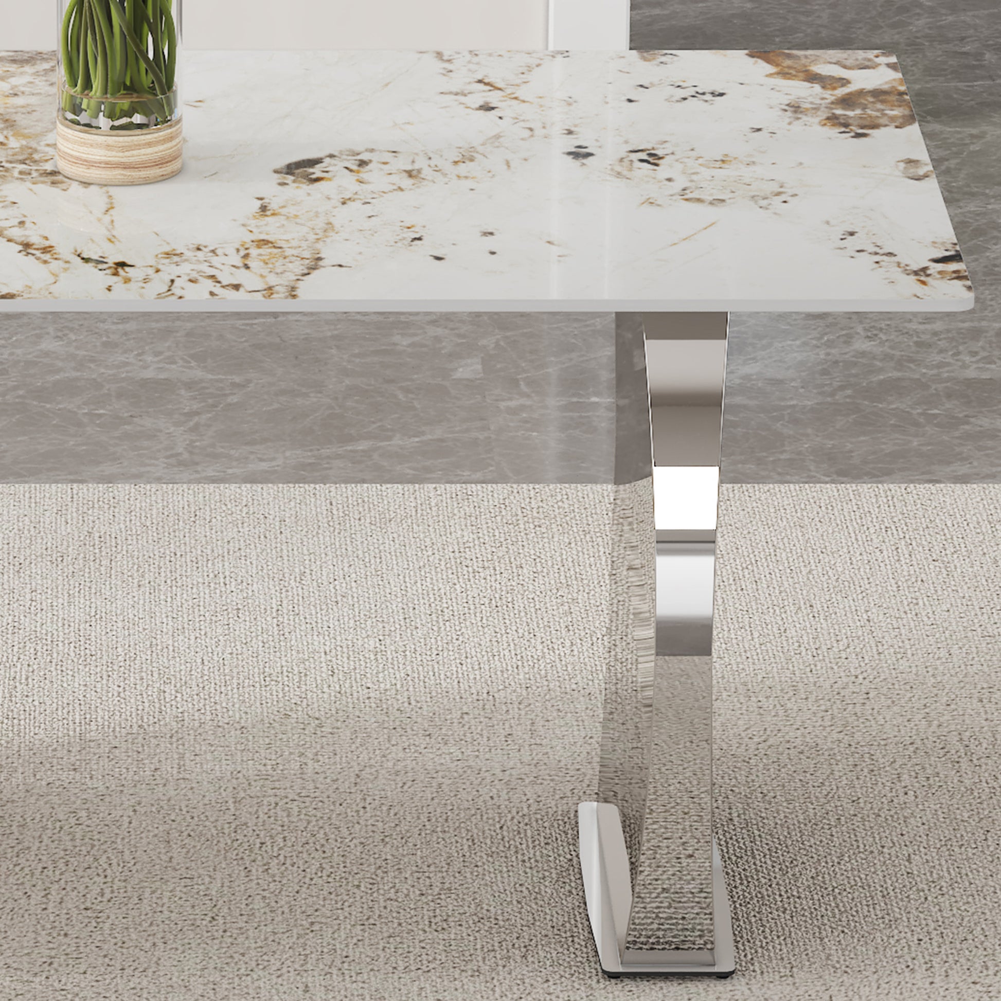 Modern Rectangular Dining Table, Imitation Marbled Rock Plate Table Top, Stainless Steel Table Legs, Suitable For Kitchen, Dining Room, Living Room 63 Inches * 31.4 Inches. Silver Sintered Stone