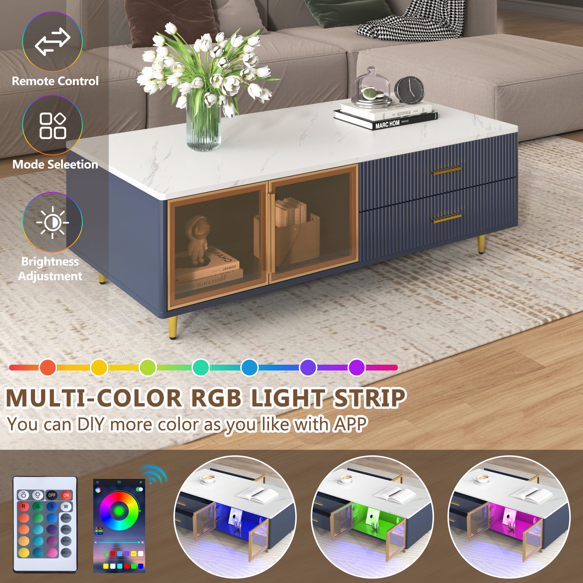 Modern Navy Blue Coffee Table With 2 Glass Door Storage, 4 Drawers, Gold Metal Legs, And Multi Color Lighting In 47.2'' Navy Blue Drawers Mdf