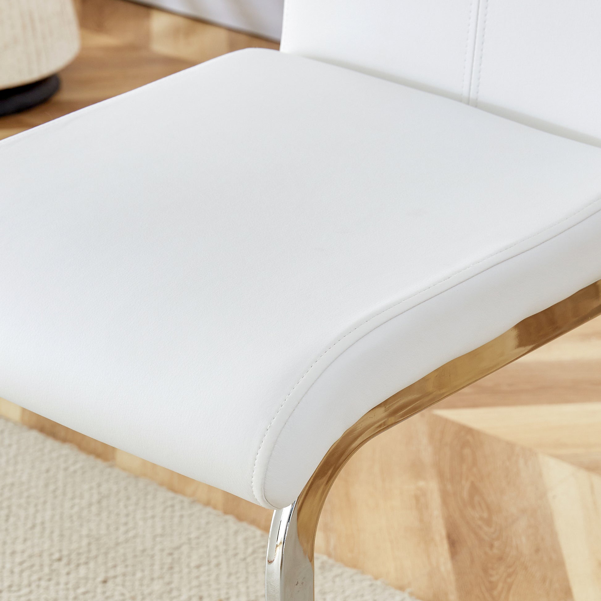 Table And Chair Set. A Rectangular Glass Dining Table With A 0.4 Inch Tempered Glass Tabletop And Mdf Board V Shaped Bracket, Paired With Chairs Consisting Of Pu Seat Cushions And Silver Metal Legs. White Black Seats 4 Tempered Glass