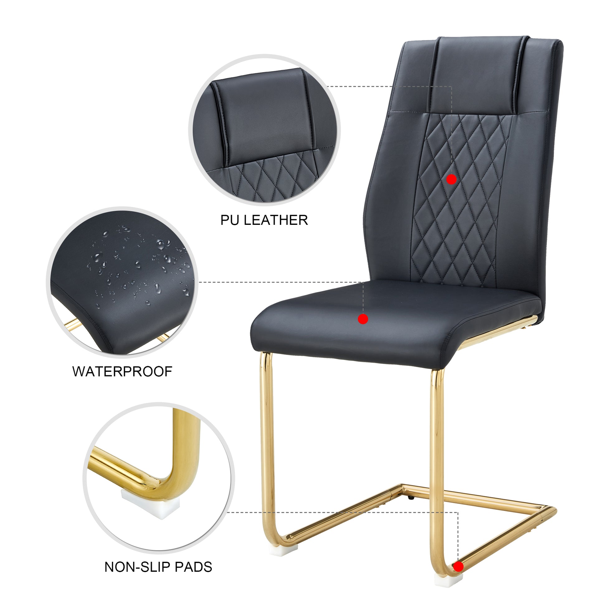 Table And Chair Set.Modern Rectangular Glass Dining Table With A Tempered Glass Tabletop And Metal Legs, Paired With Multiple Chairs Designed With Pu Cushions And Golden Metal Legs. Black Gold Seats 6 Tempered Glass