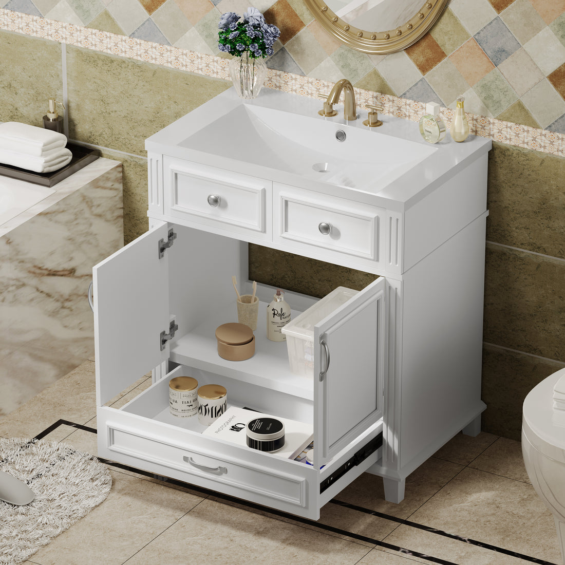 30'' Bathroom Vanity With Resin Sink, Solid Wood Frame Bathroom Storage Cabinet With Soft Closing Doors, Retro Style, White Same As Sw000118Aak White Bathroom Modern Solid Wood Mdf Resin