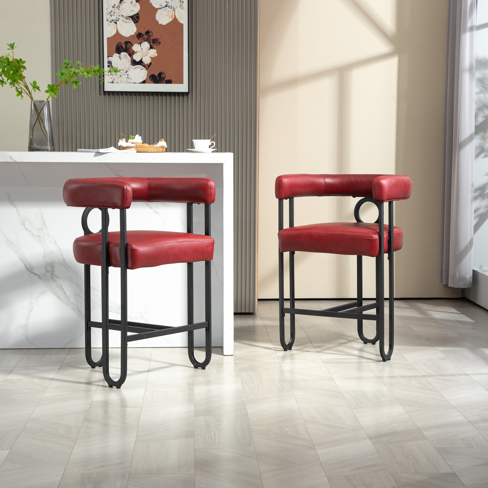 Coolmore Bar Stools Set Of 2, Modern Bar Stool With Back, Black Metal Frames, Upholstered Bar Stools For Kitchen Island, Pub, Club Wine Red Pu Wine Red Dining Room Foam Pu Leather