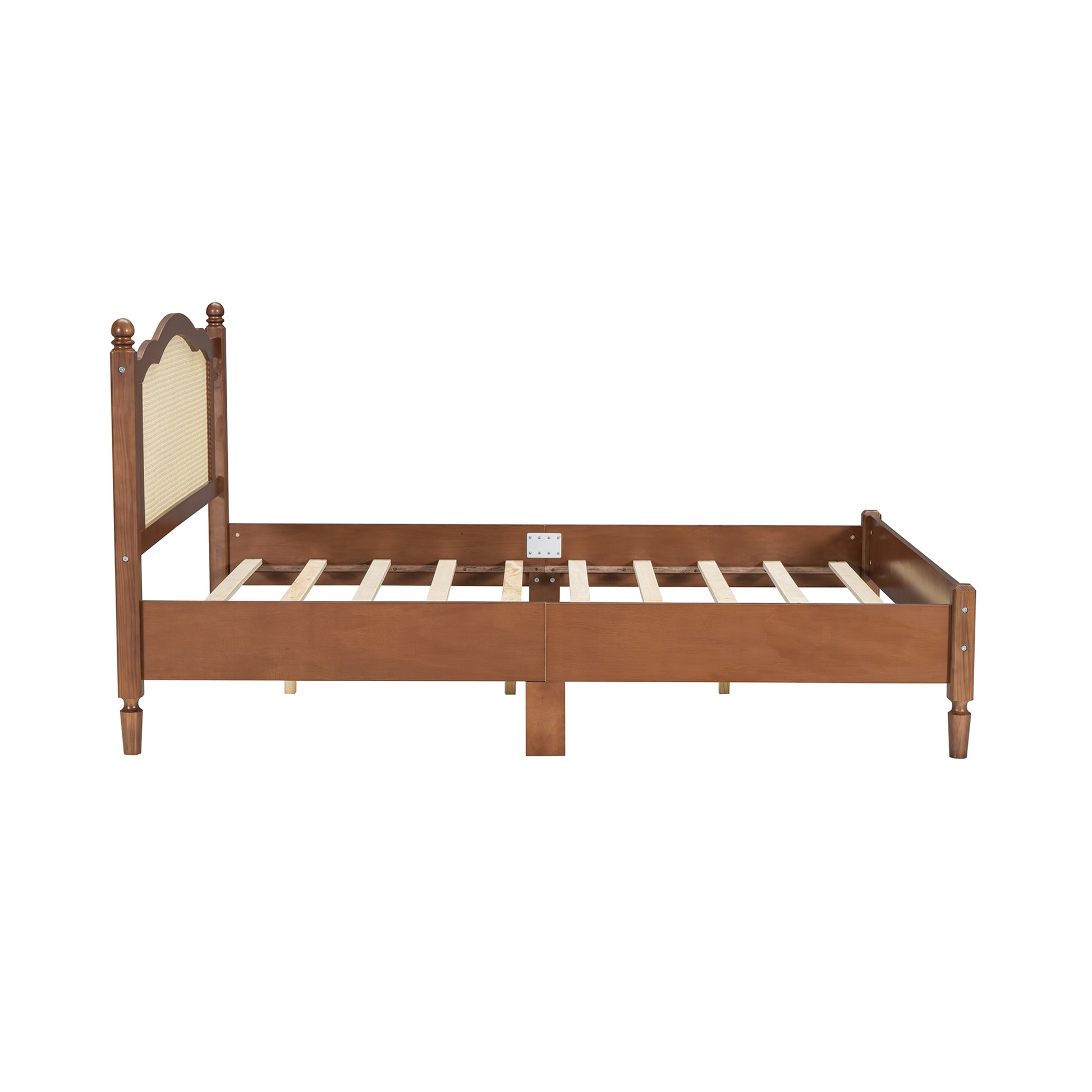 Queen Size Wooden Platform Bed With Natural Rattan Headboard, Vintage Bed Frame With Wooden Slat Support, Walnut Box Spring Not Required Queen Walnut Wood