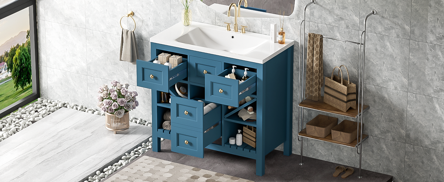 36'' Bathroom Vanity With Resin Sink Combo, Solid Wood Frame Bathroom Storage Cabinet, Freestanding Vanity Set With 5 Drawers& Soft Closing Doors Same As N710S136001C Blue Bathroom Solid Wood Mdf Resin