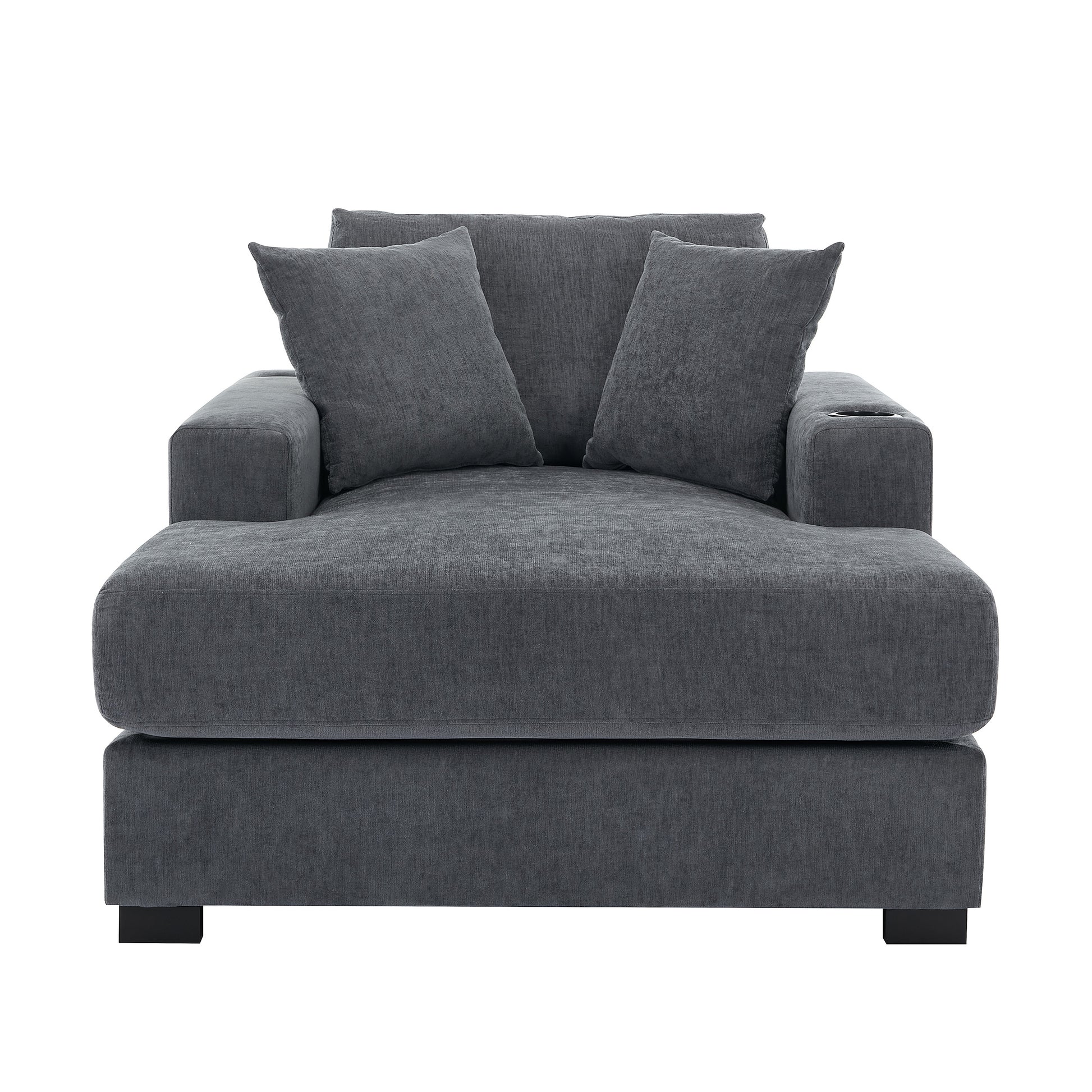 43.5" Oversized Chaise Lounger Modern Style Sofa Couch ,With Pillows, Charge Station & Cup Holders, Chenille Fabric, Blue Gray Blue Gray Chenille