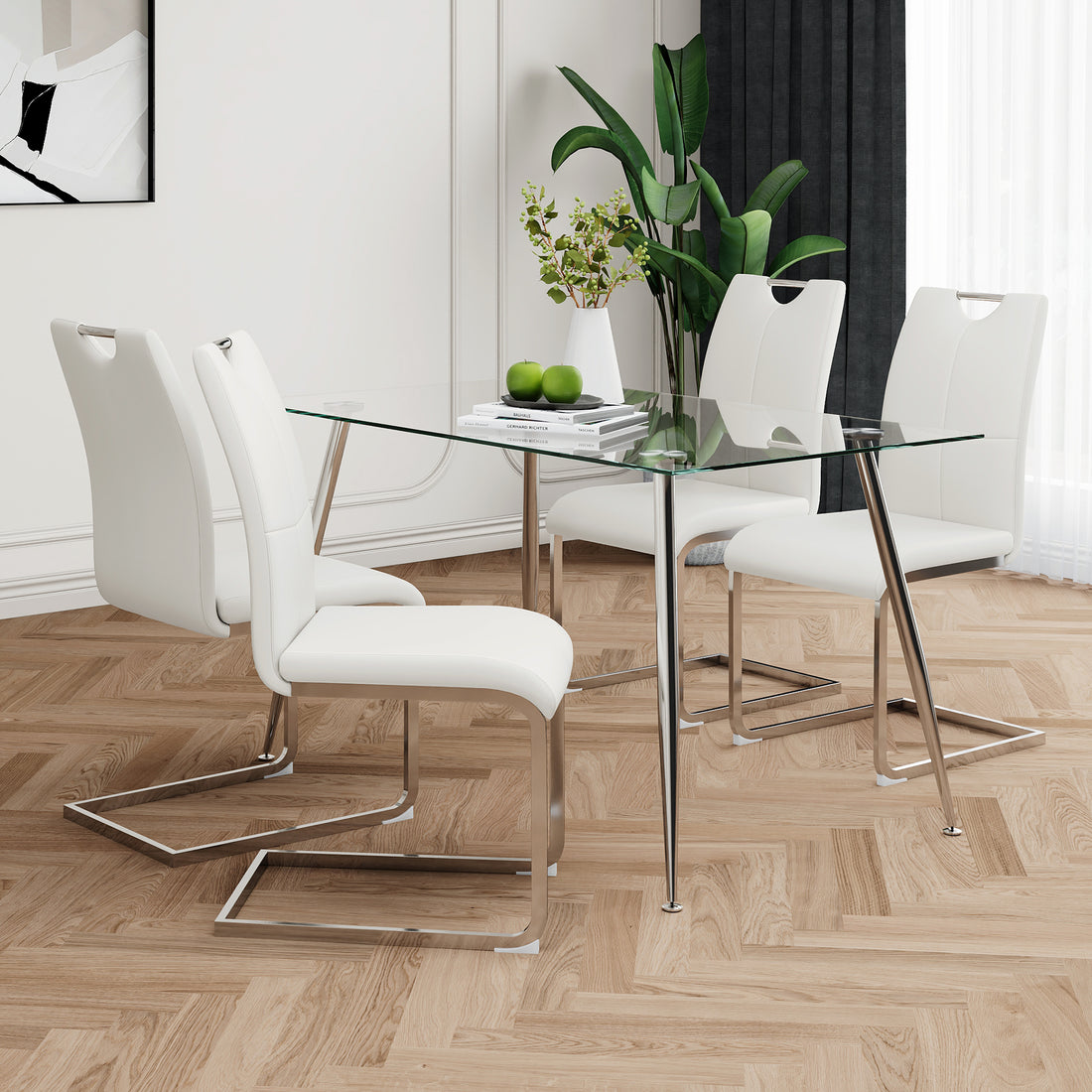 Modern Simple Rectangular Glass Dining Table, Solid Tempered Glass Tabletop, Electroplated Table Legs, White Pu Dining Chair Set, Suitable For Restaurant Kitchen Use Set Of 5 Upholstered Chair Glass White Pu Seats 4 Metal Rectangular Dining Table With