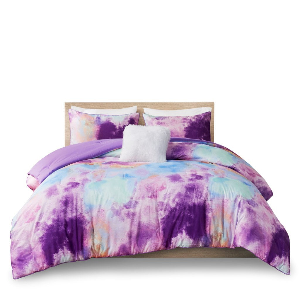 Watercolor Tie Dye Printed Comforter Set With Throw Pillow King Multicolor Polyester