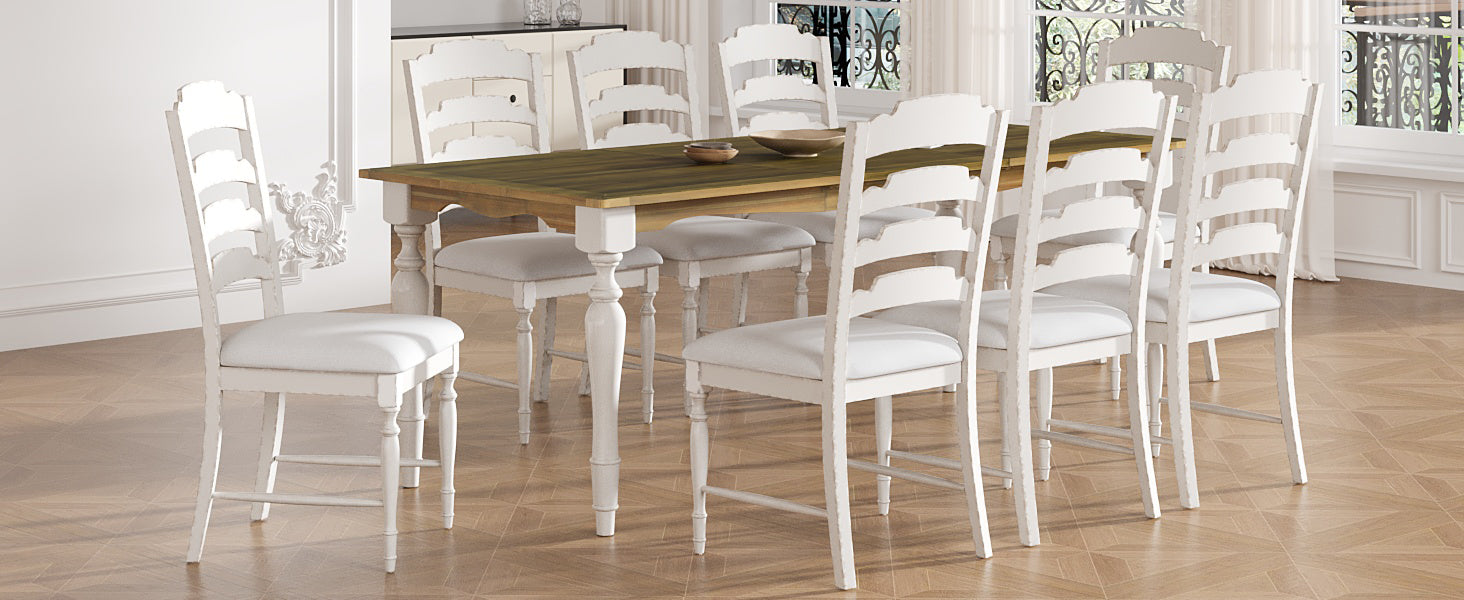 Vintage Traditional 9 Piece 82.7Inch Extendable Dining Table Set With 23.6Inch Removable Leaf And 8 Upholstered Dining Chairs For 8, Brown Cream Wood Dining Room Distressed Finish Rubberwood Rectangular Dining Table With Bench Wood Wood Cream Brown Seats