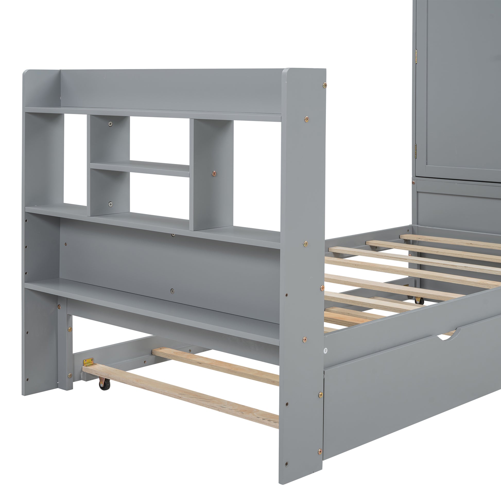 Twin Size Platform Bed With Storage Headboard And Footboard, Pull Out Shelves And Twin Size Trundle, Gray Box Spring Not Required Twin Gray Wood Bedroom Bed Frame Solid Wood Mdf