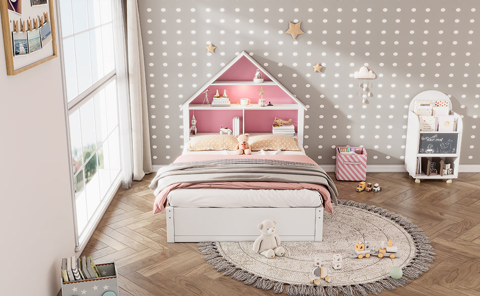 Full Size House Shaped Bed With Bookcase Headboard And Led Light And Twin Size Trundle For Kids Boys Girls, Pink White Box Spring Not Required Full White Pink Wood Bedroom Cute Bed Frame Wood