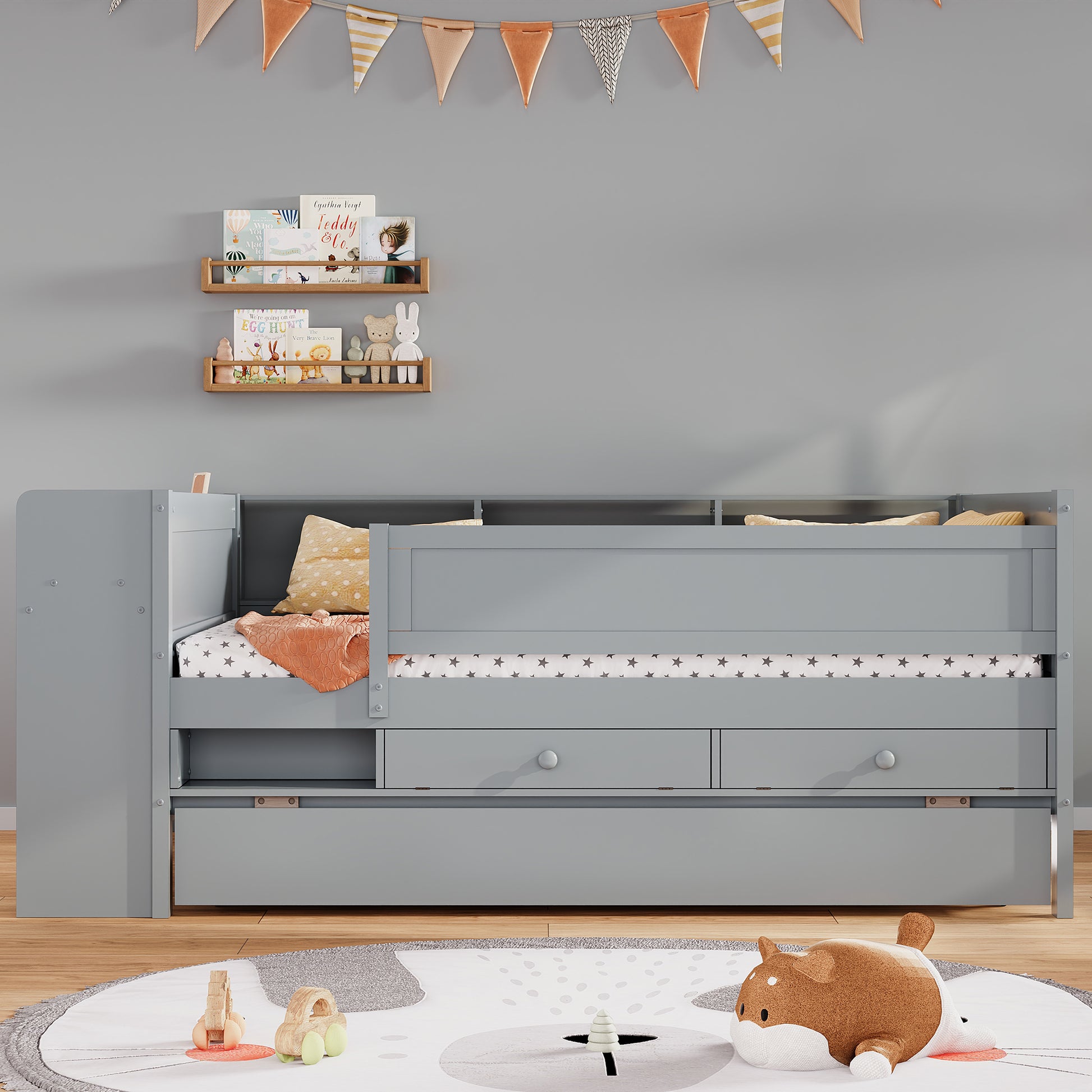 Multi Functional Twin Daybed With Drawers And Trundle, Headboard Storage And Tables, Usb Charging Station, Gray Box Spring Not Required Twin Gray Wood Daybeds Pine