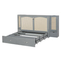Queen Size Murphy Bed Wall Bed With Drawer And Rattan Decoration With 2 Storage Cabinets, One Set Of Sockets & Usb Ports, Pulley Structure Design, Gray Queen Gray Plywood
