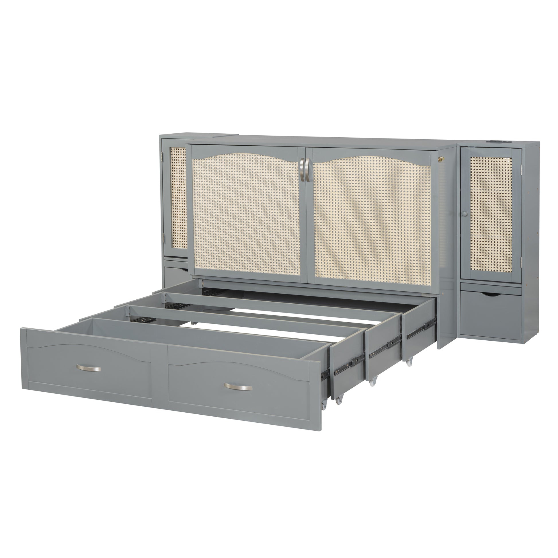 Queen Size Murphy Bed Wall Bed With Drawer And Rattan Decoration With 2 Storage Cabinets, One Set Of Sockets & Usb Ports, Pulley Structure Design, Gray Queen Gray Plywood