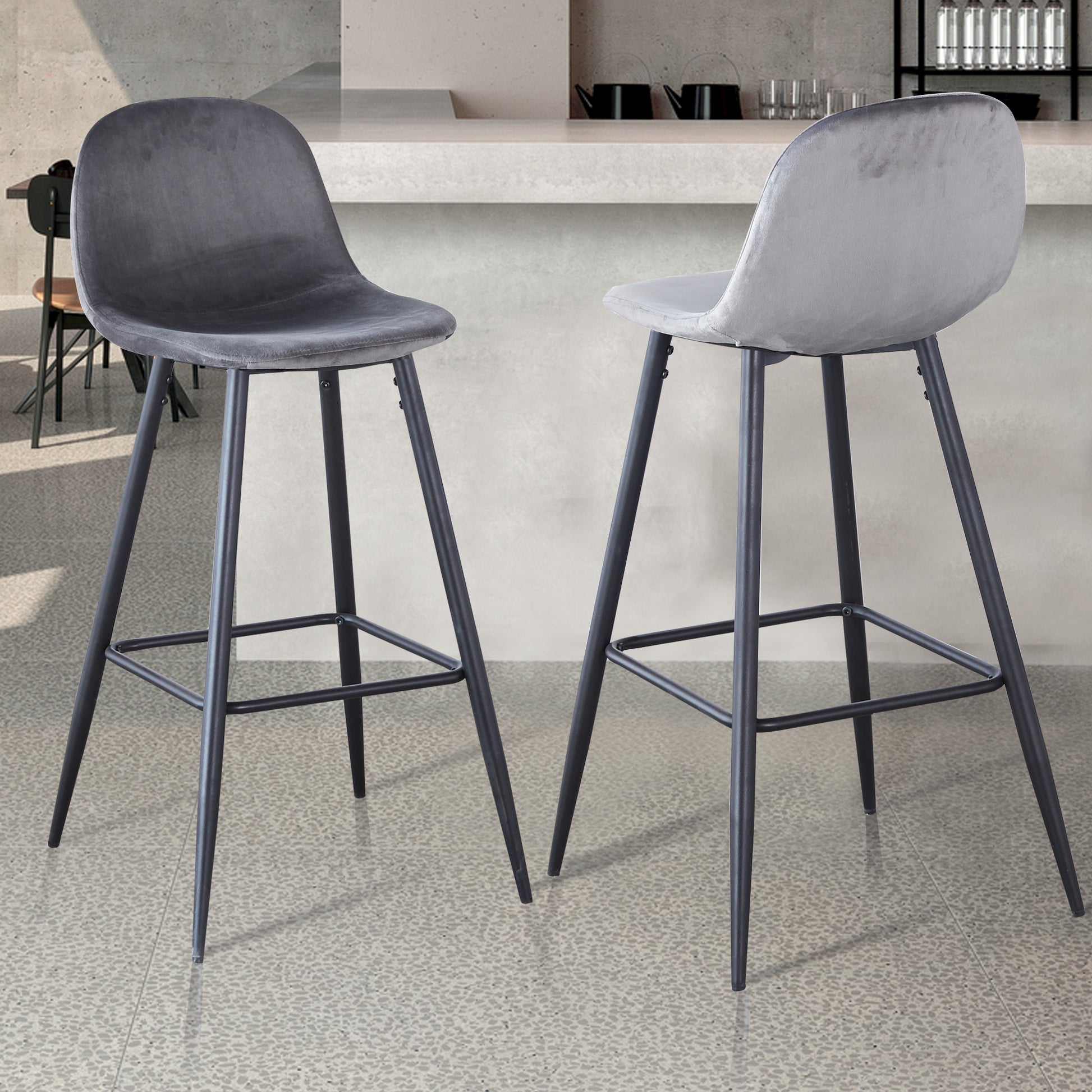 Bar Stools Set Of 2, 30 Inches Velvet Barstool Modern Counter Bar Height Chair With Back, Sturdy Metal Legs & Footrests, Easy Assembly, Island Stool For Kitchen Bar Dark Grey Velvet