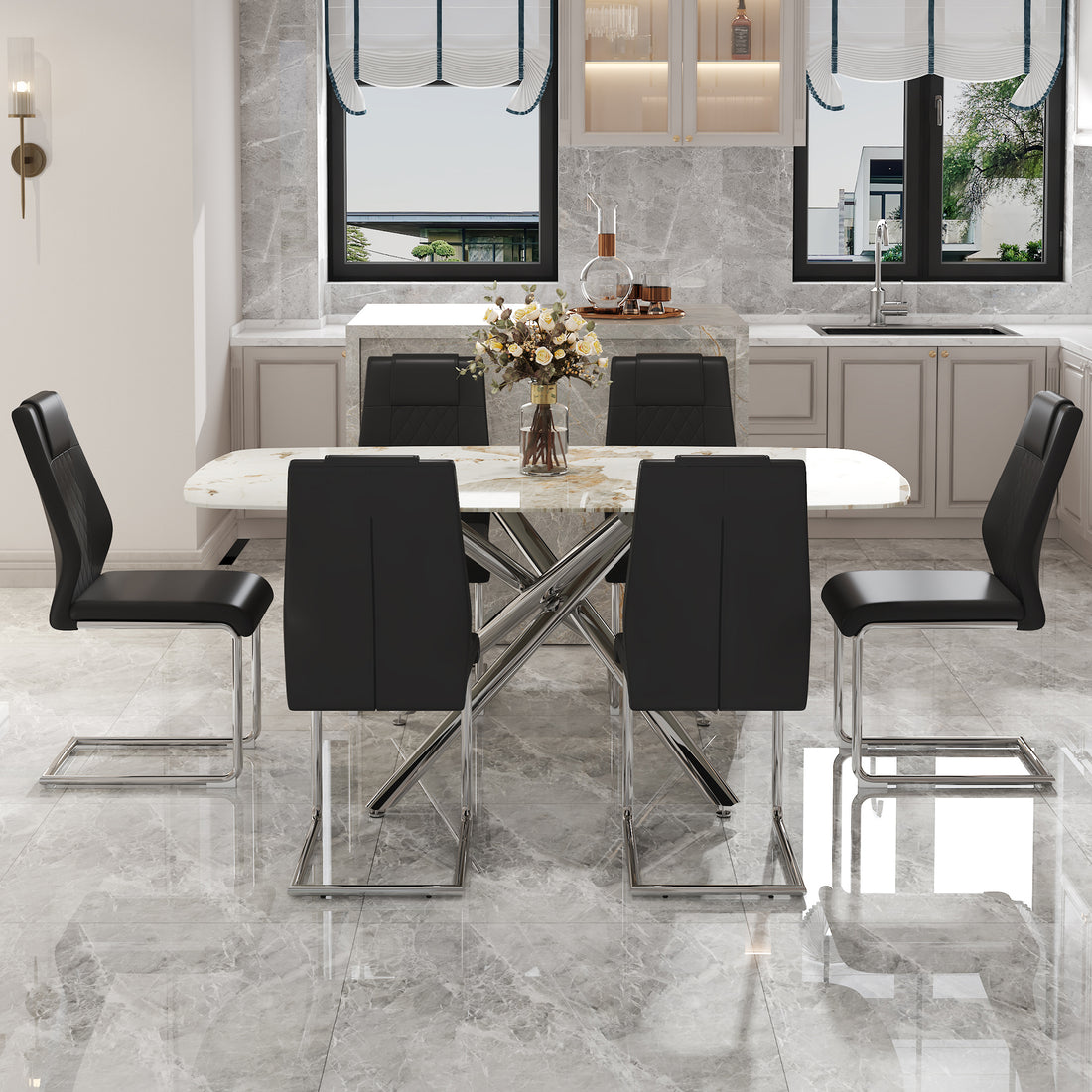 Table And Chair Set, Large Modern Minimalist Rectangular Dining Table, 0.39 "Imitation Marble Tabletop And Silver Metal Legs, Soft Leather Seats. F 1537 Silver Glass Metal