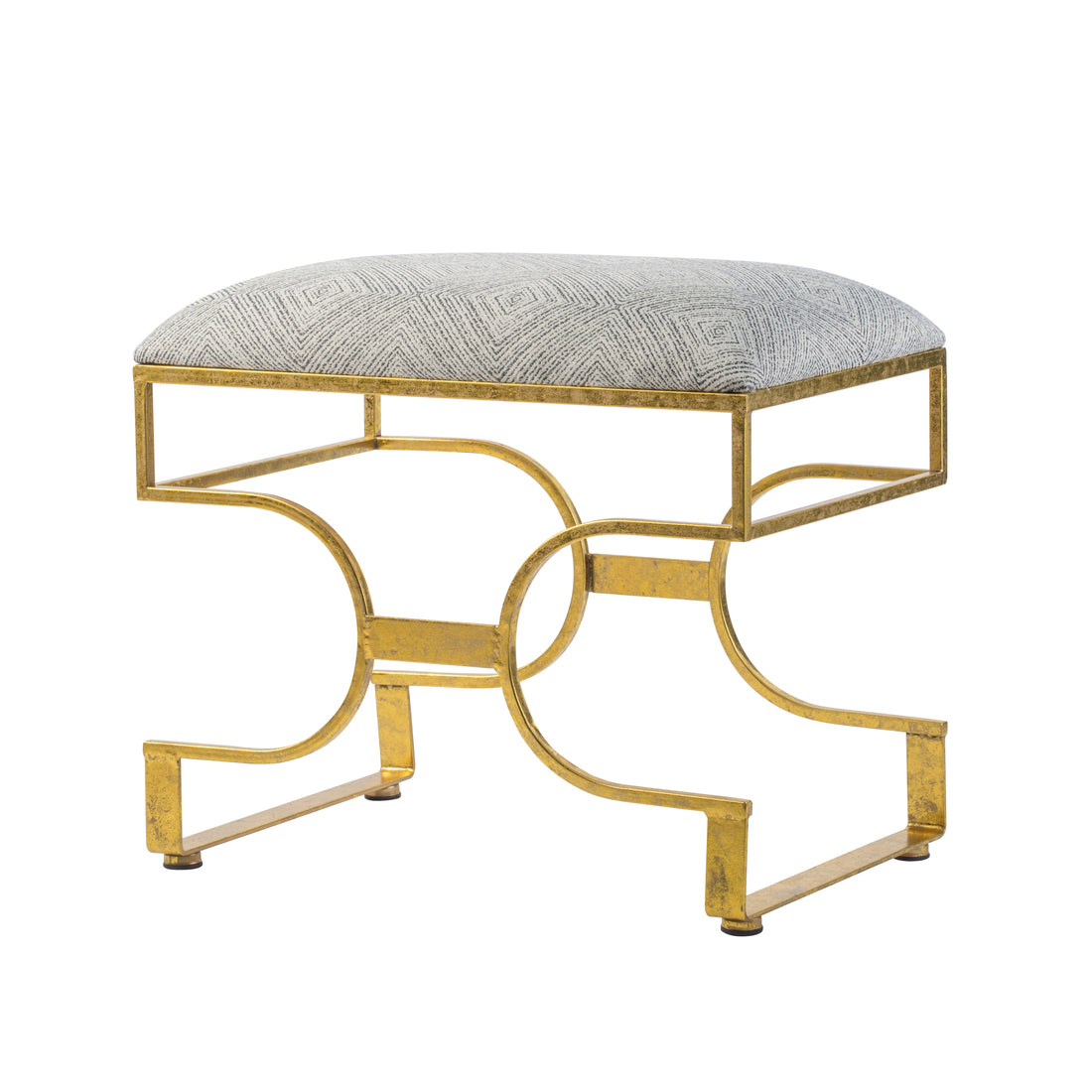 24 Inch Modern Ultra Padded Ottoman, Geometric Frame, Gray, Gold Patina Gray Iron