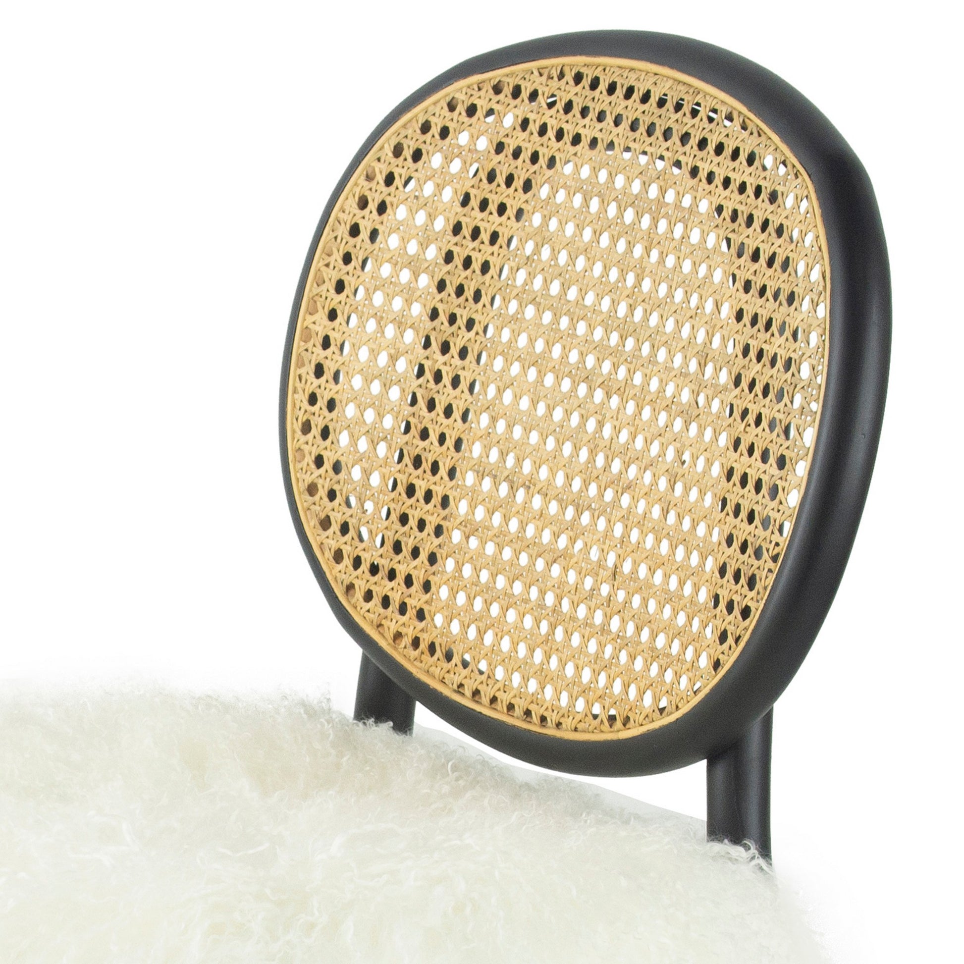 Ada 24 Inch Dining Chair, Cane Rattan Back, Fur Seat, Set Of 2, Black Black White Wood