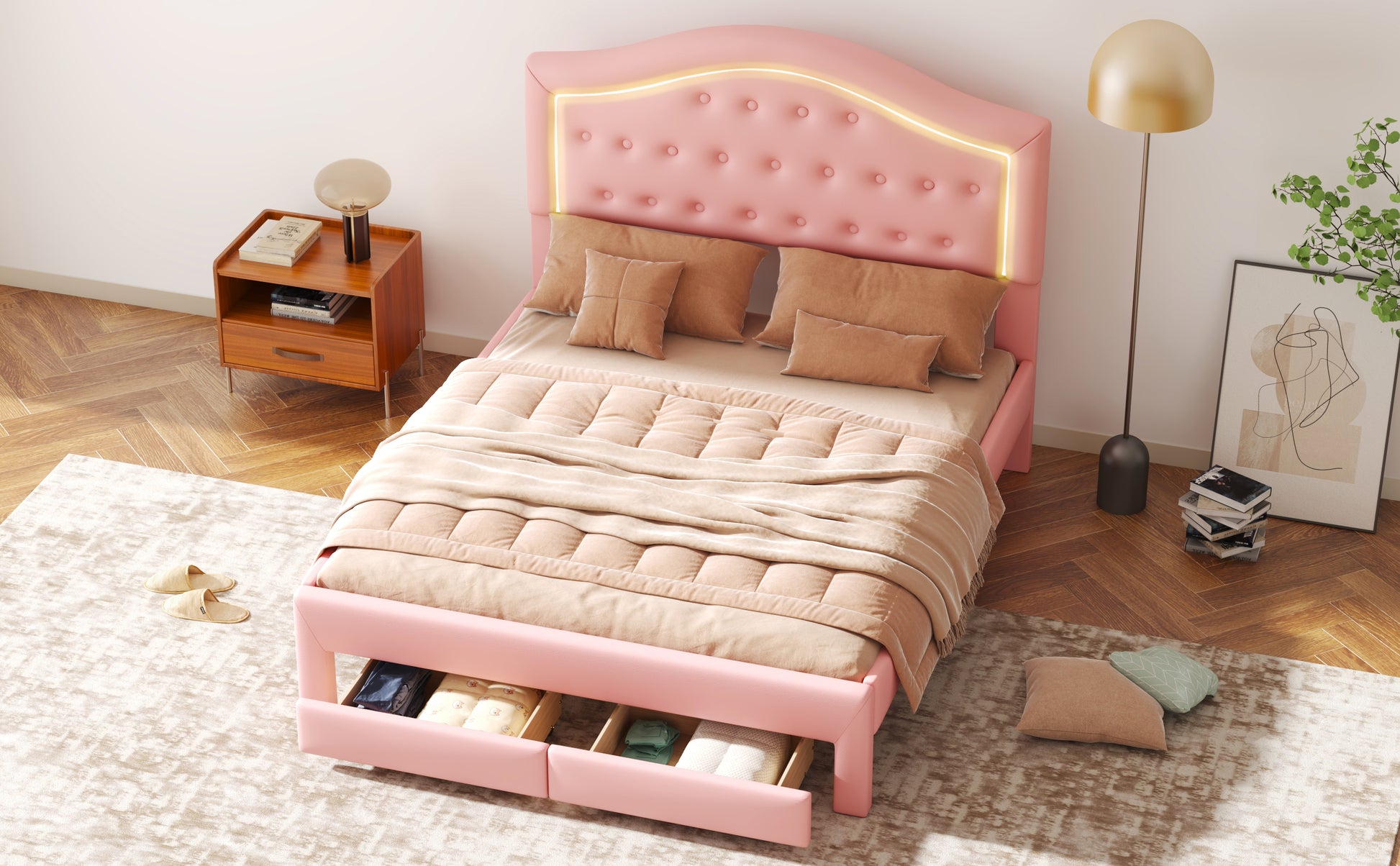 Queen Size Upholstered Platform Bed With Tufted Headboard, Led And 2 Drawers, Pink Box Spring Not Required Queen Pink Wood Bathroom Bed Frame Faux Leather Upholstered