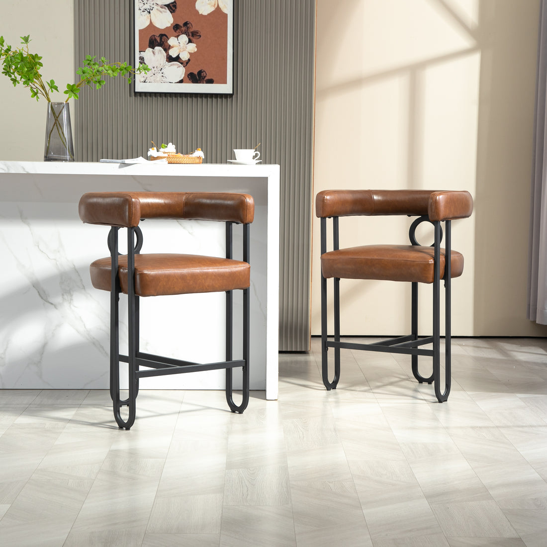 Coolmore Bar Stools Set Of 2, Modern Bar Stool With Back, Black Metal Frames, Upholstered Bar Stools For Kitchen Island, Pub, Club Light Brown Pu Light Brown Dining Room Foam Pu Leather