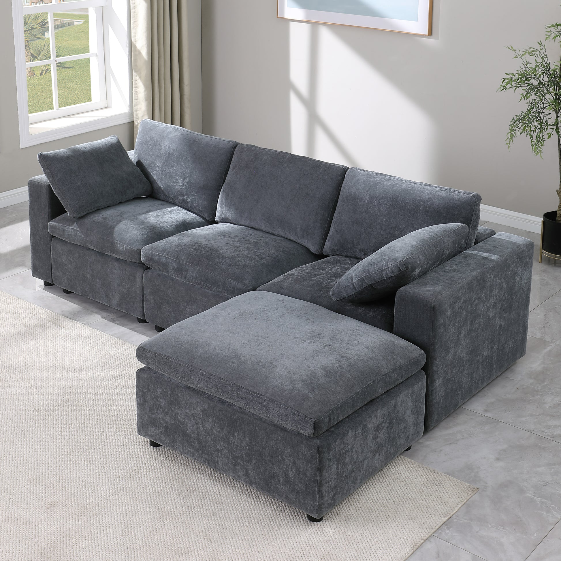 Modular Sectional Sofa, Convertible Sofa Couch, Modular Sectionals With Ottomans, 4Seat Sofa Couch With Reversible Chaise For Living Room. Chenille Grey Grey Fabric 4 Seat