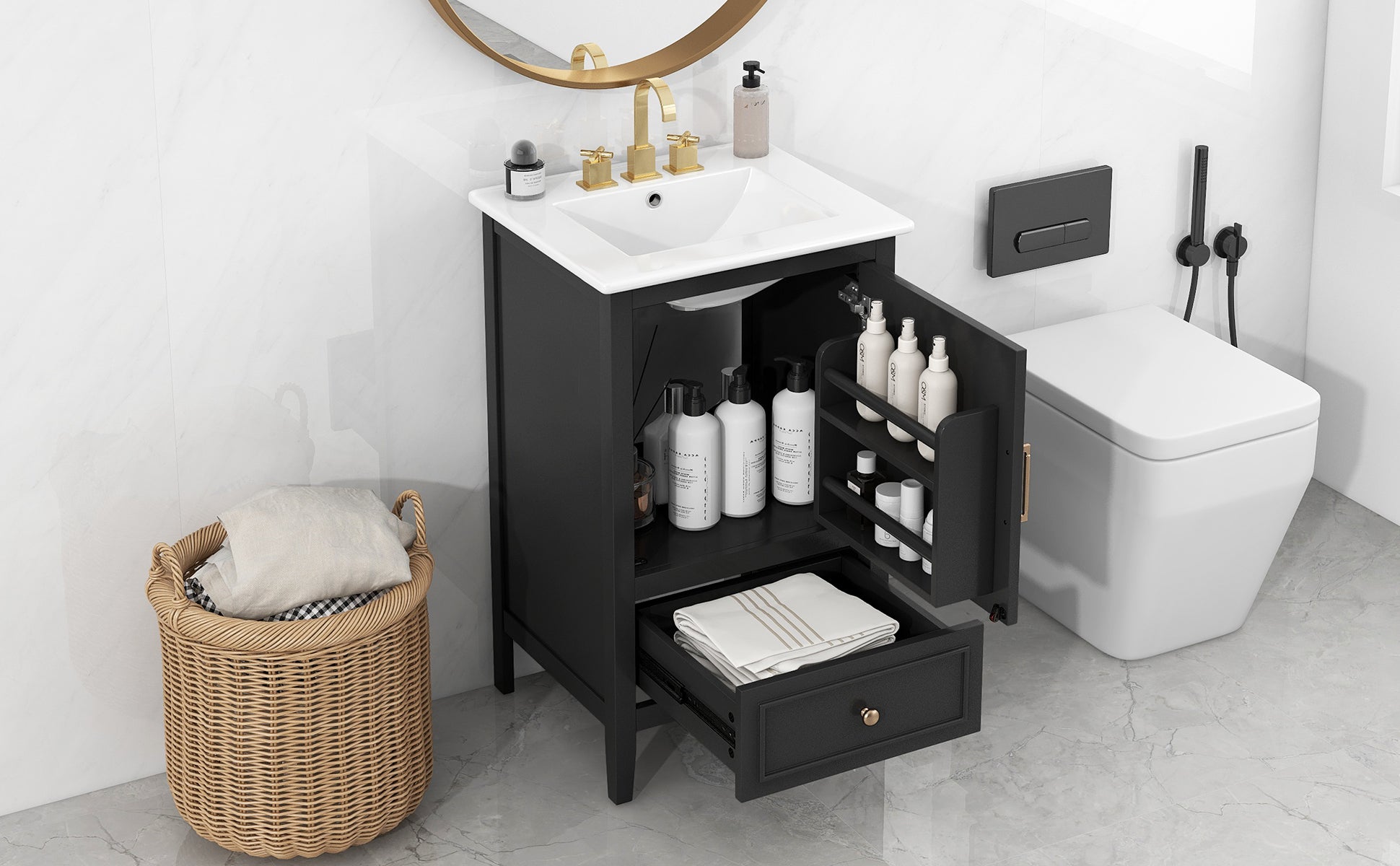 20" Bathroom Vanity With Sink, Bathroom Cabinet With A Door, Door Shelf Storage And Adiustable Foot Pads, A Drawer, Black Black Solid Wood Mdf